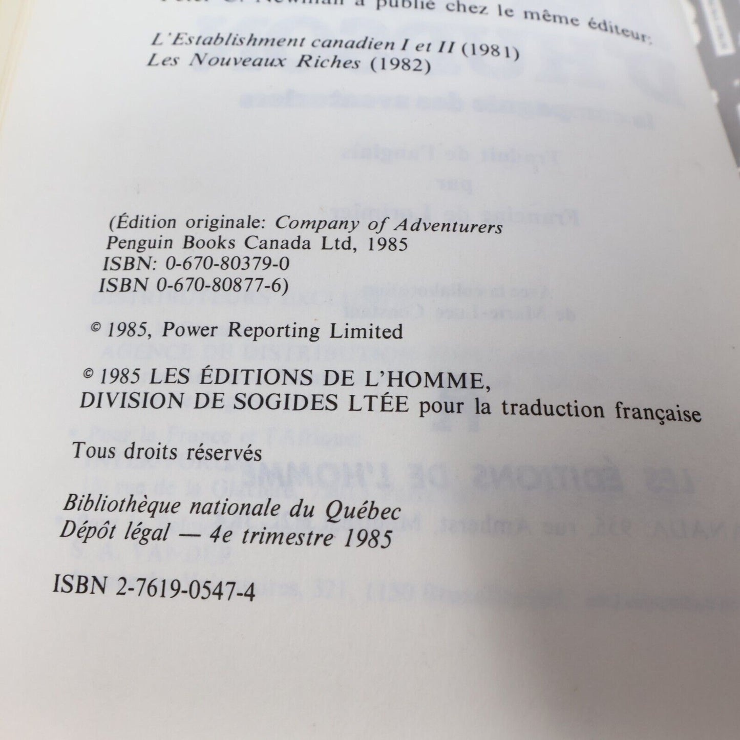 1985 La Baie d'Hudson la Compagnie des Aventuriers de Peter C. Newman Paperback