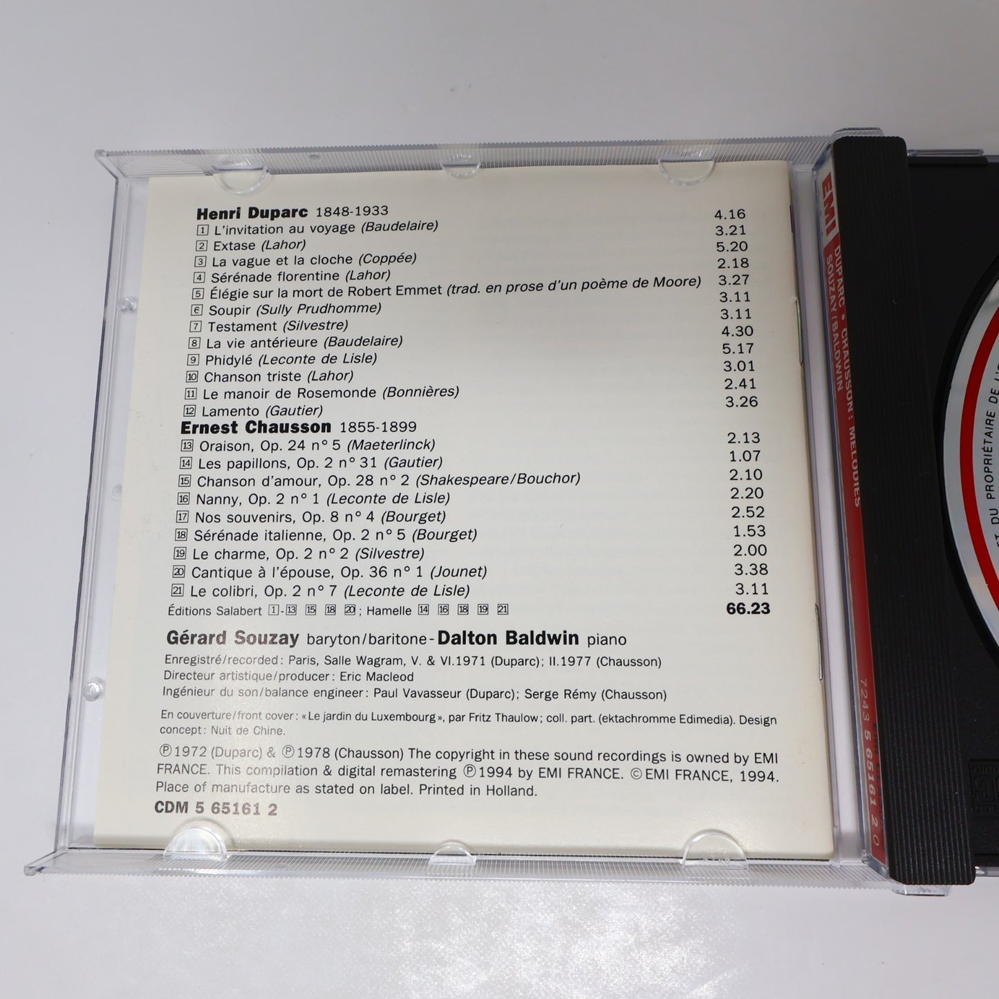 Henri Duparc/Ernest Chausson Mélodies CD Gérard Souzay/Dalton Baldwin EMI 1994
