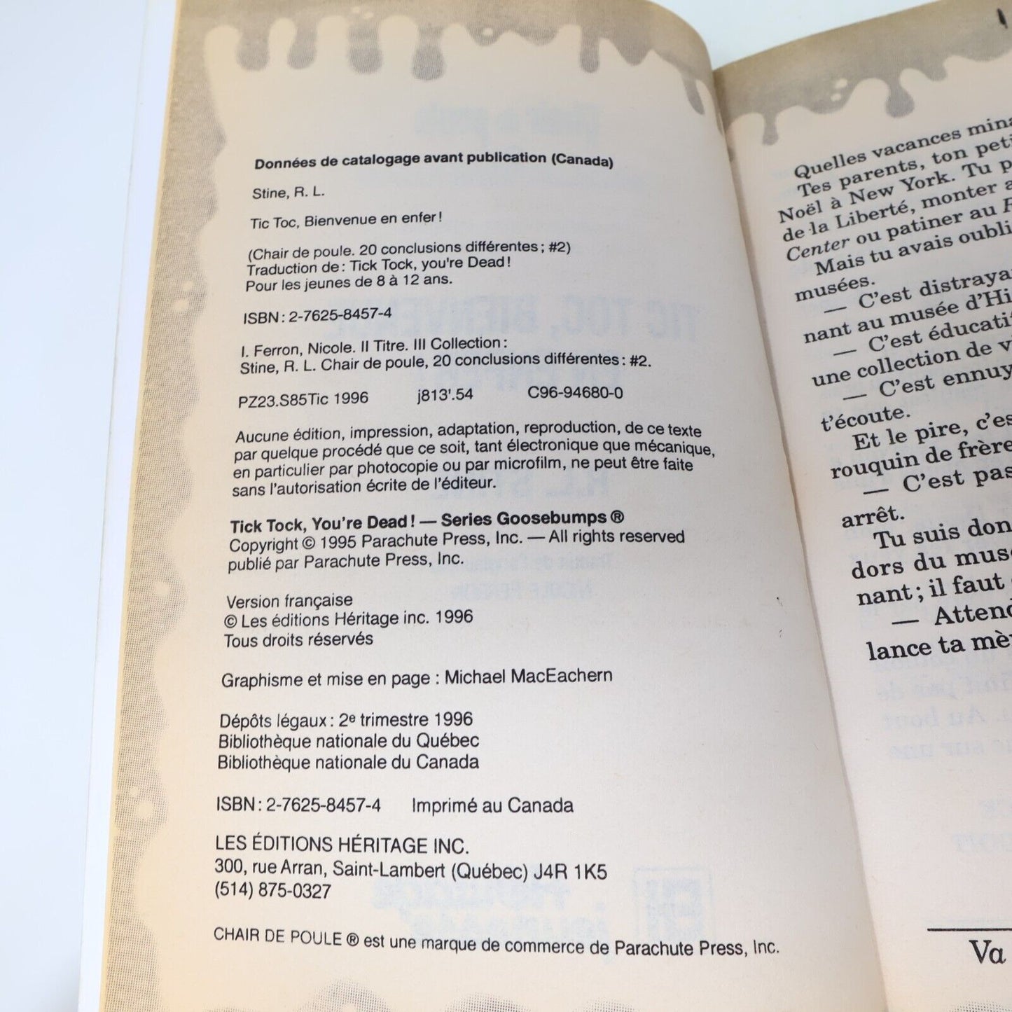 1996 Tic Toc Bienvenue en Enfer! Chair de Poule Extra #2 de R. L. Stine PB EH