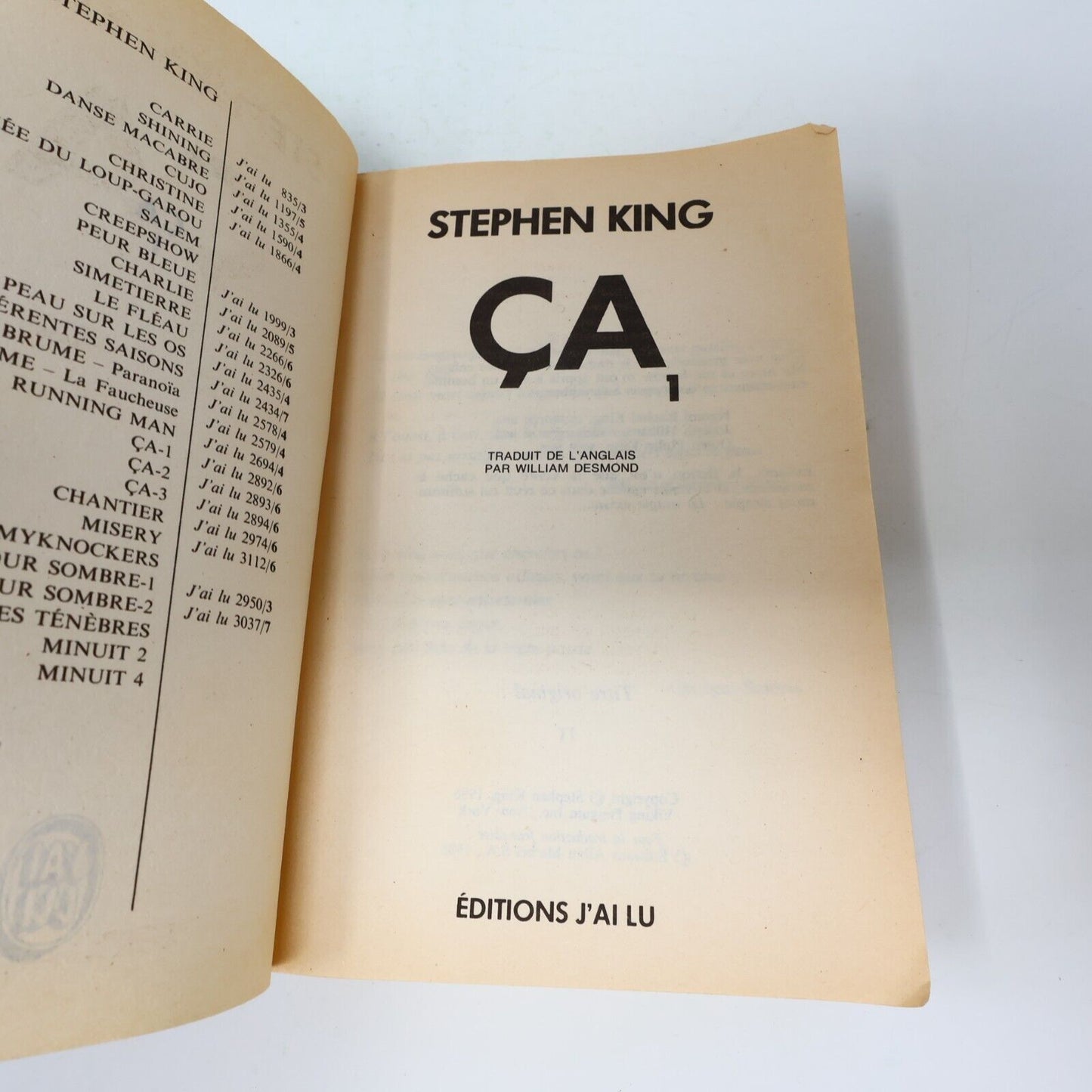 Lot 3 Livres Ça #1-3 de Stephen King It J'ai Lu Série Complète Français Vintage