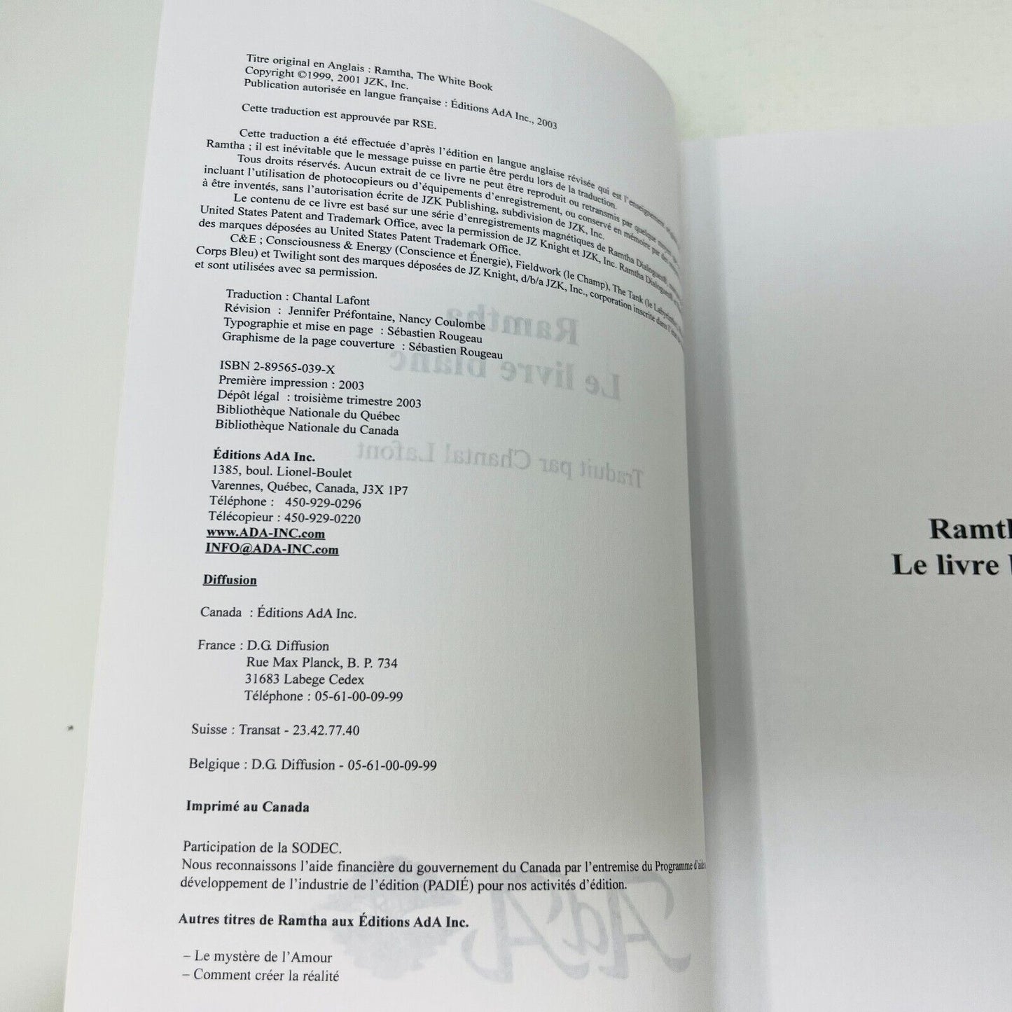 2003 Ramtha Le Livre Blanc Ada en Français/French Supernaturalisme Mysticisme