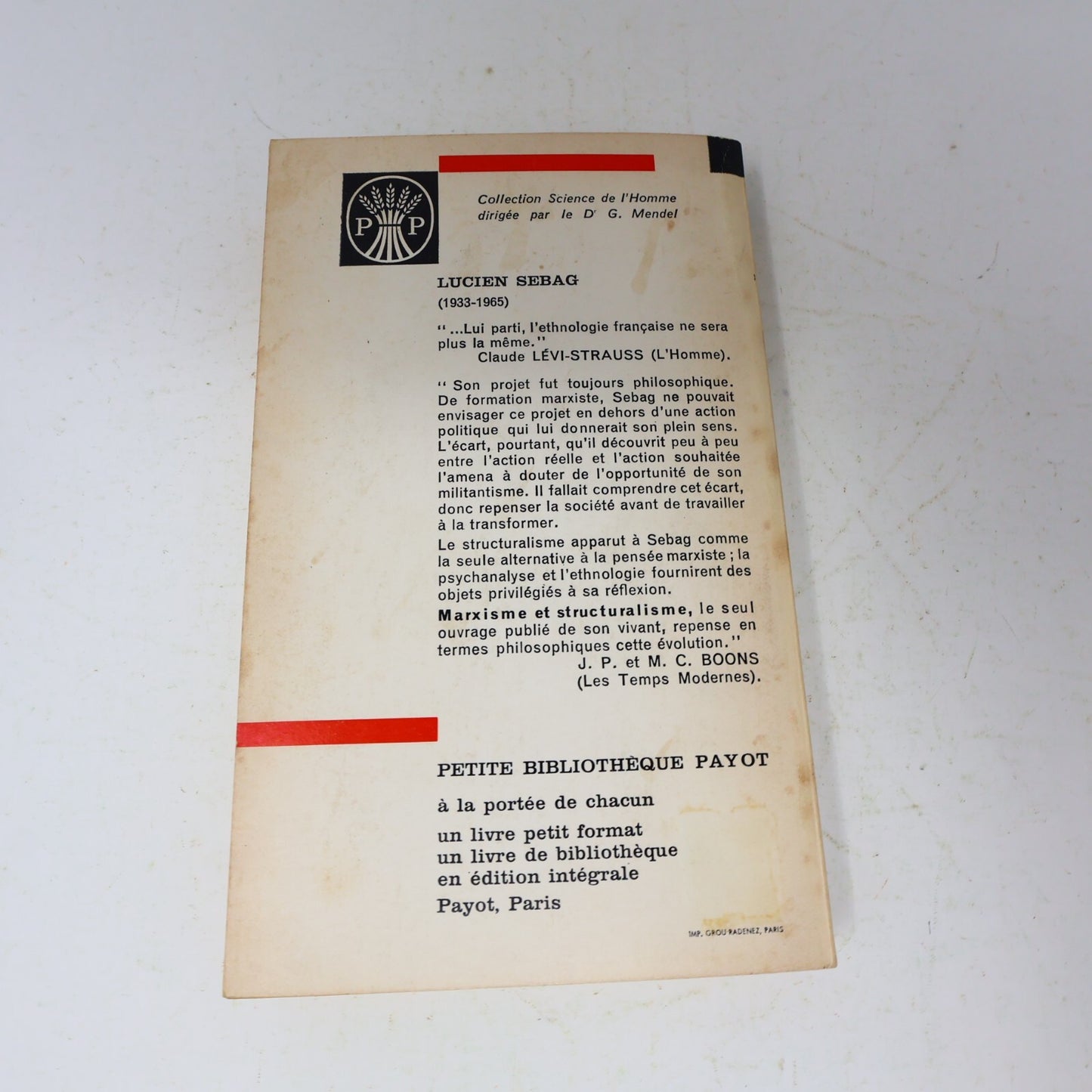 Marxisme et Structuralisme Lucien Sebag Petite Bibliothèque Payot 1967 Français