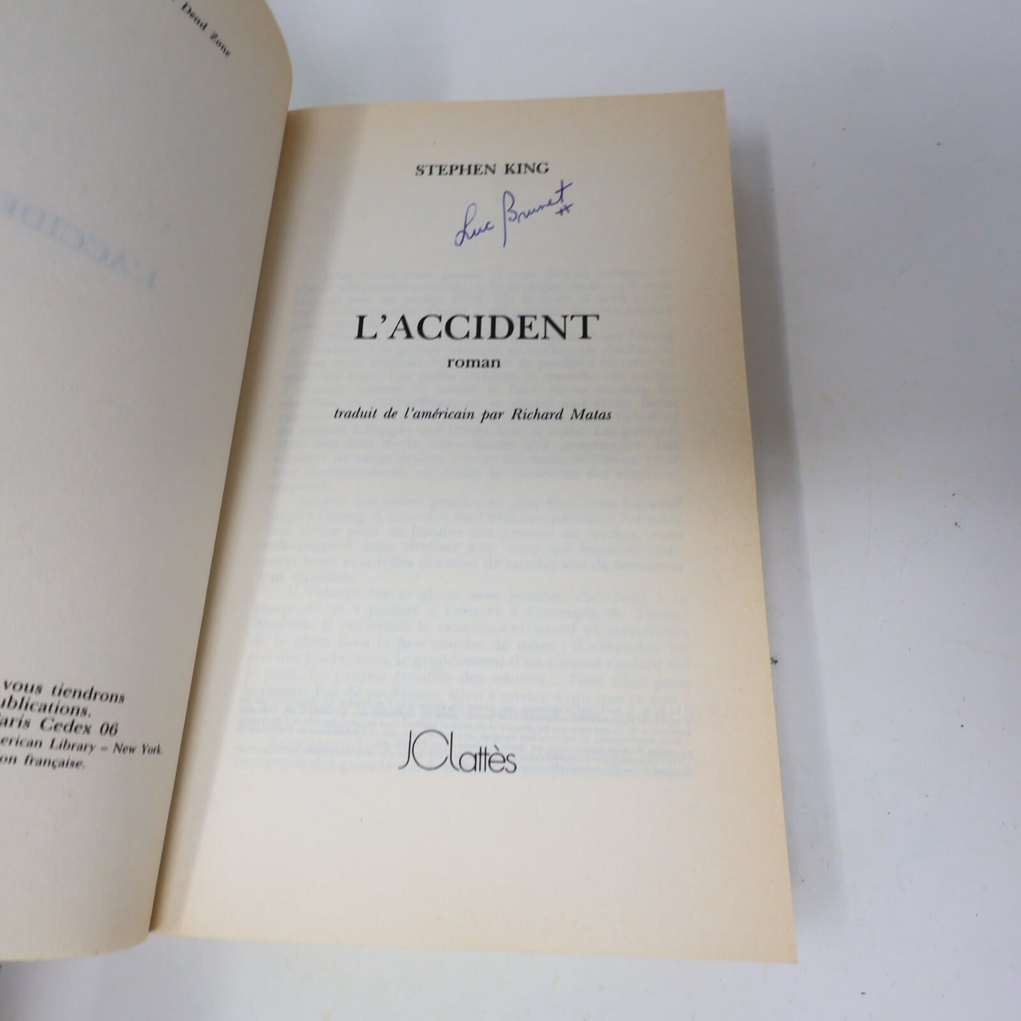 L'Accident The Dead Zone Stephen King Jc Lattes 1983 Horreur Thriller Français