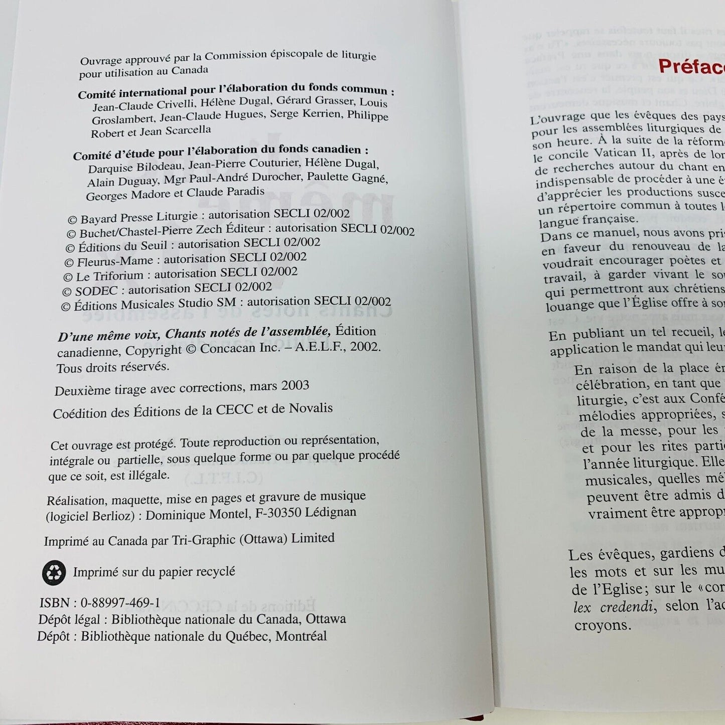 2003 D'une Même Voix Chants Notés de l'Assemblée Édition Canadienne CECC/Novalis