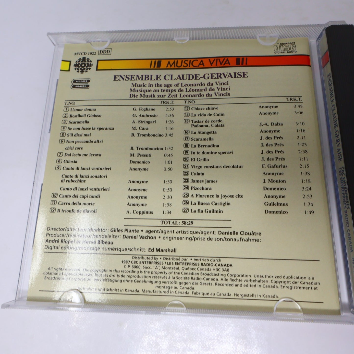 Ensemble Claude-Gervaise CD Music In The Age Of Leonardo Da Vinci Musica Viva