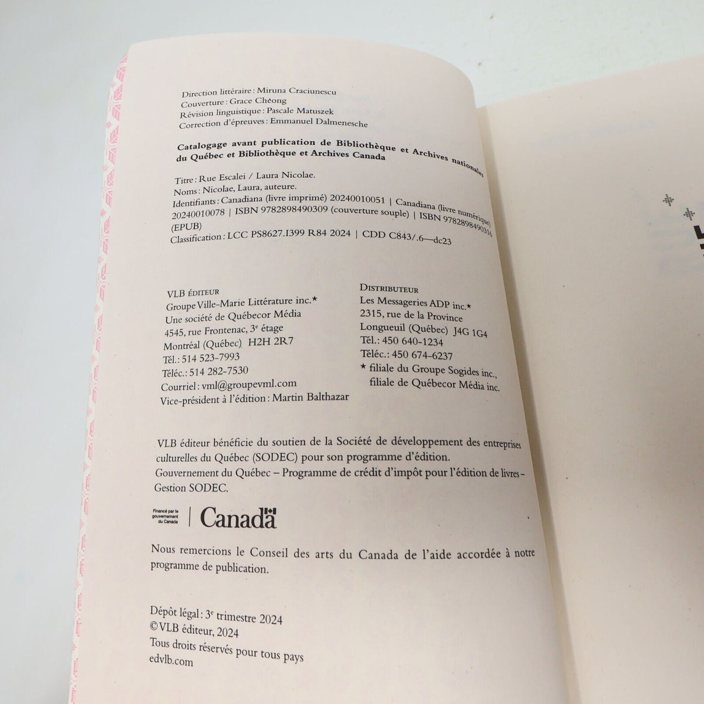 2024 Rue Escalei Laura Nicolae Littérature Québécoise Roman Vlb Français Livre