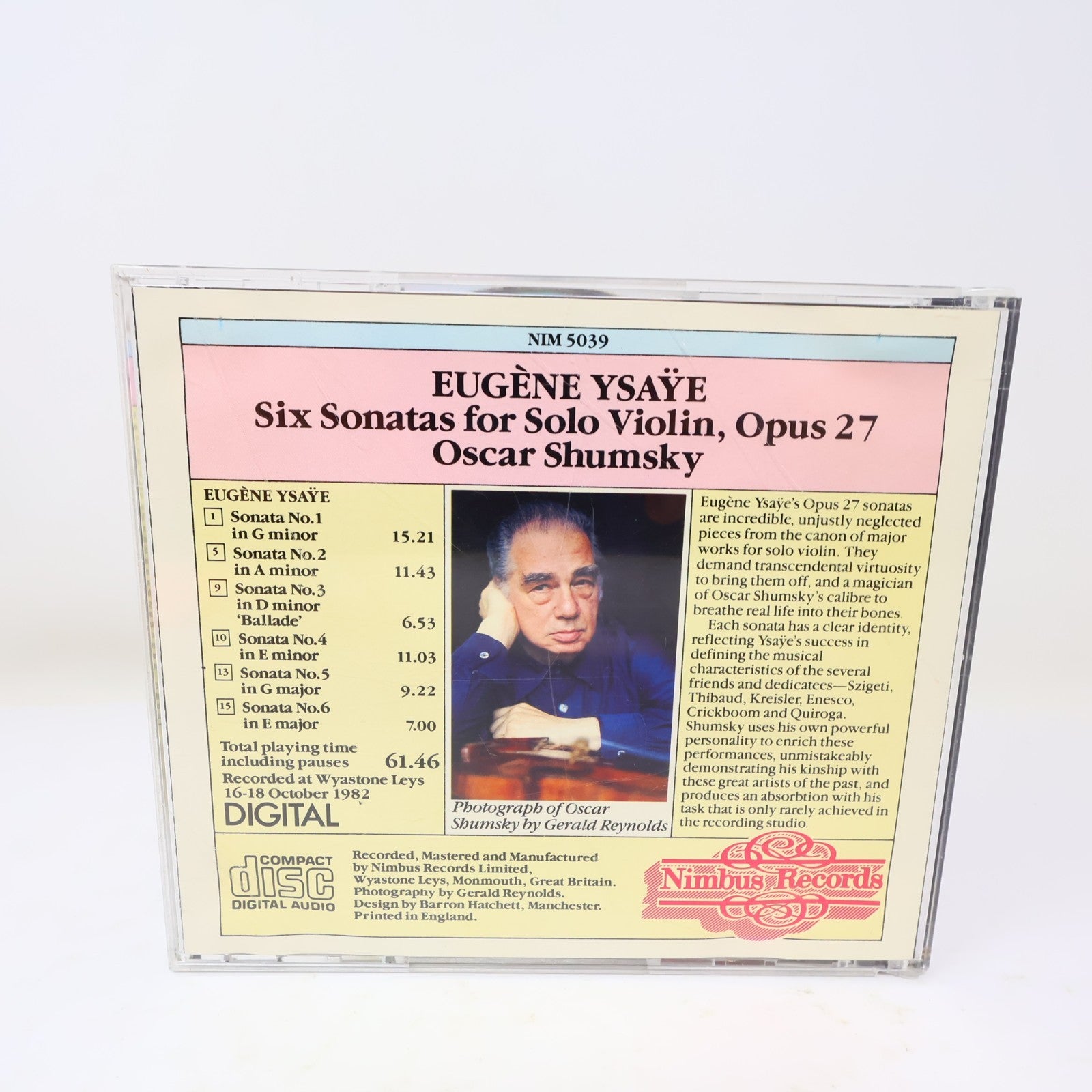 Six Sonatas For Solo Violin CD Oscar Shumsky Ysaÿe Nimbus 1986 Classical 80s
