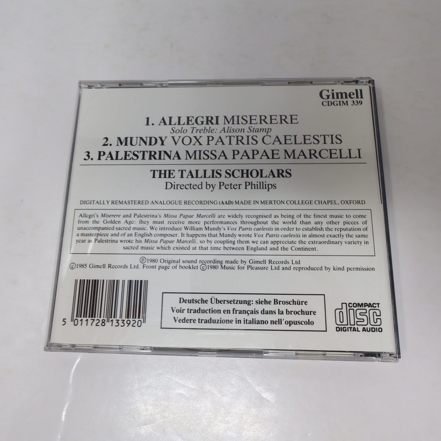 Allegri Miserere CD William Mundy/Palestrina/The Tallis Scholars/Peter Phillips