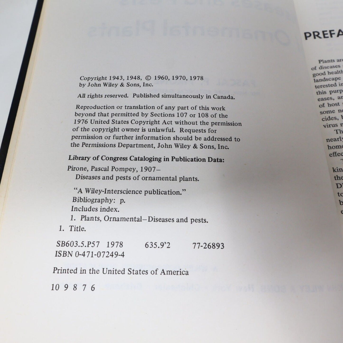 1978 Diseases and Pests of Ornamental Plants by Pascal P. Pirone 6th Print HC