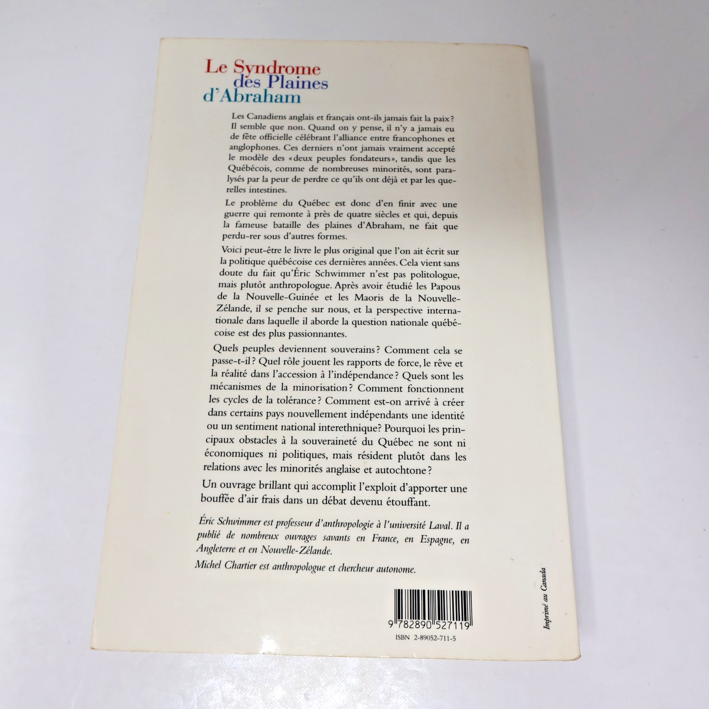 Le Syndrome des Plaines d'Abraham Eric Schwimmer Boréal 1995 PB Français French