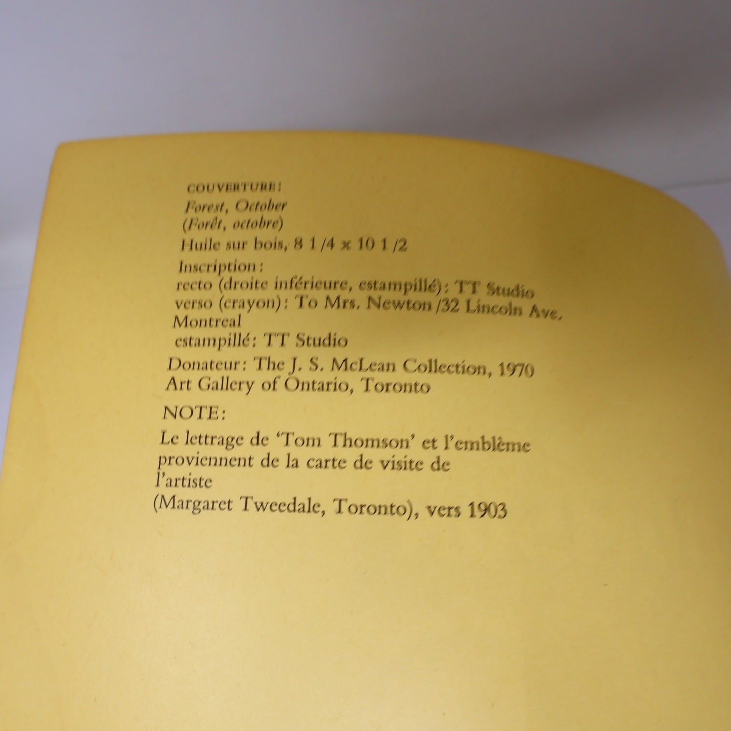 L'Art de Tom Thomson Art Gallery of Toronto 1972 Catalogue d'Exposition Français