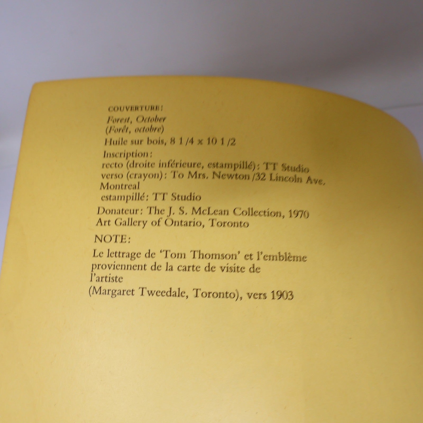 L'Art de Tom Thomson Art Gallery of Toronto 1972 Catalogue d'Exposition Français
