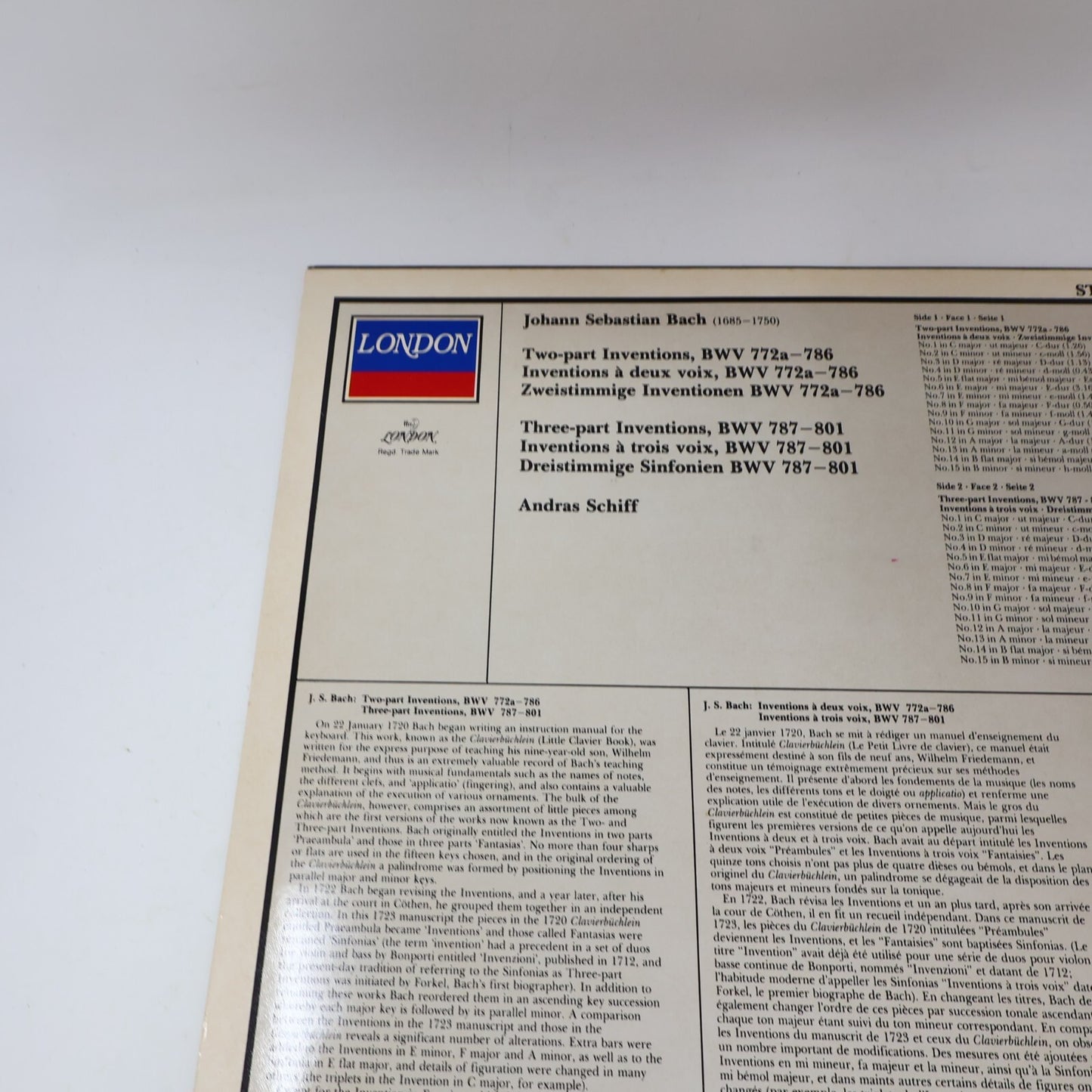 J.S. Bach András Schiff Two-Part/Three-Part Inventions Piano LP Record 411 974-1