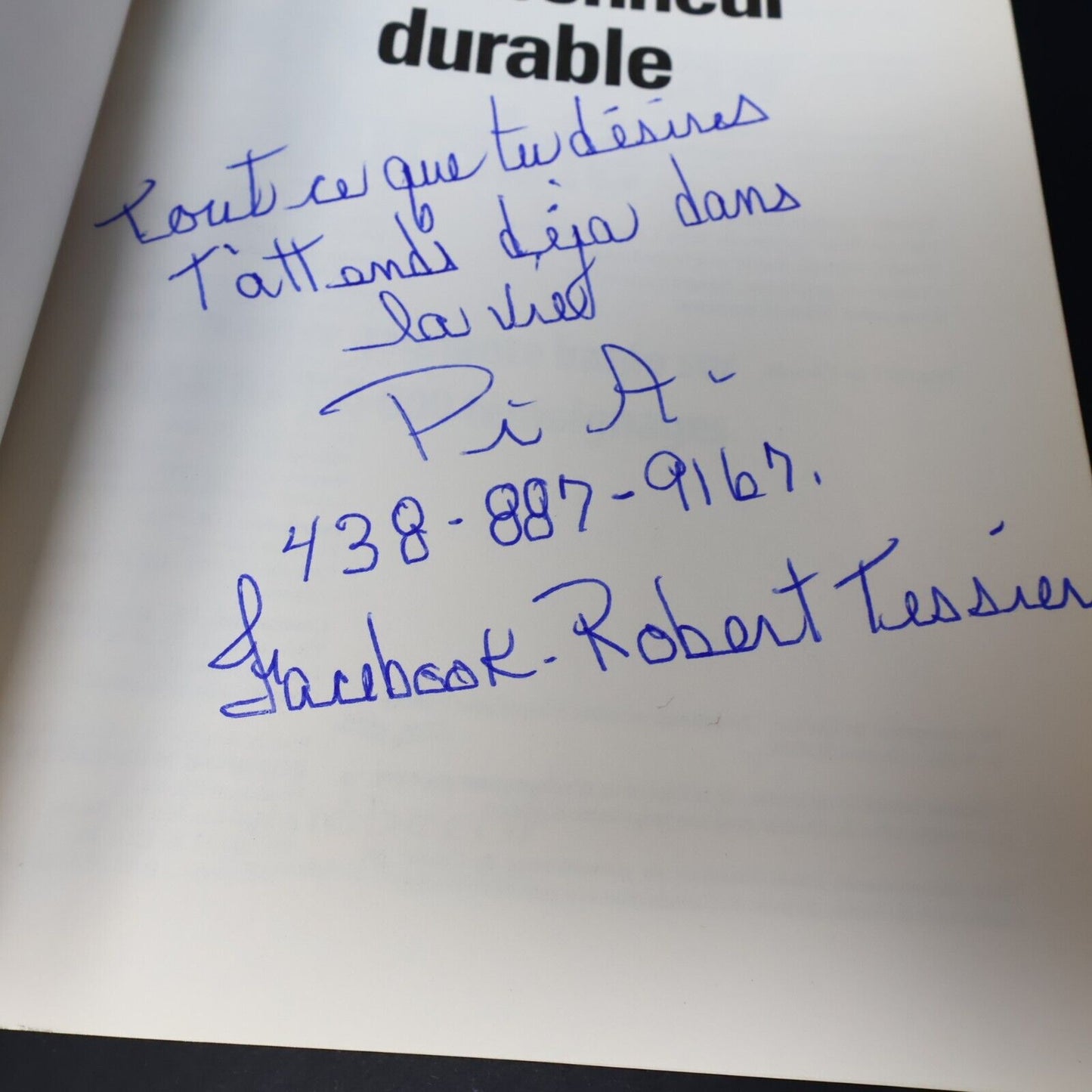 2012 Votre Bonheur Durable de Robert Tessier Signé Paperback PB Québecor Livre