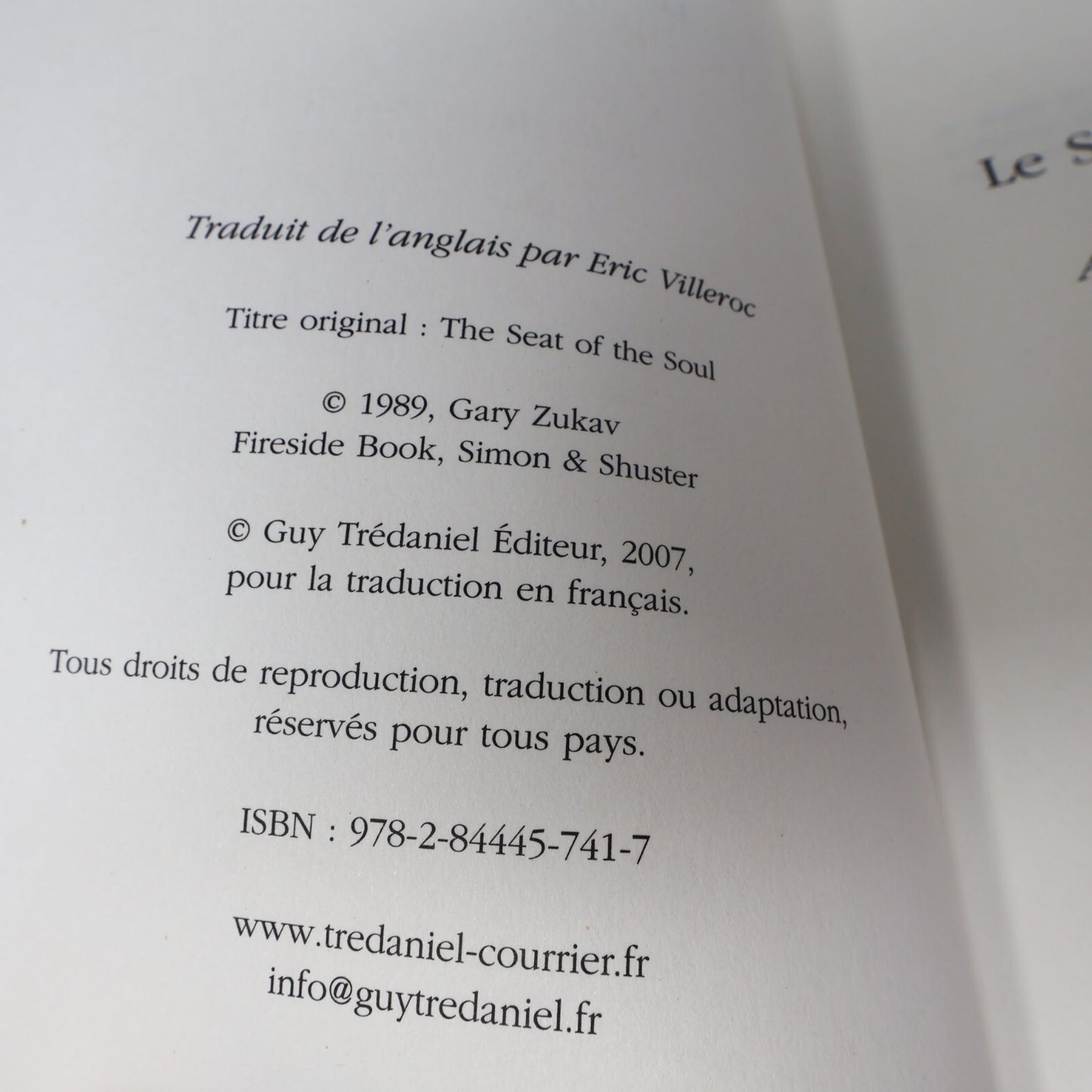Le Siège de l'Âme Au-Delà des Cinq Sens Gary Zukav Tredaniel 2007 PB Français