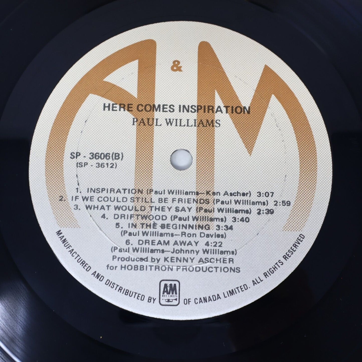 Paul Williams Here Comes Inspiration LP Record Vinyl 1974 SP-3606 A&M Canada