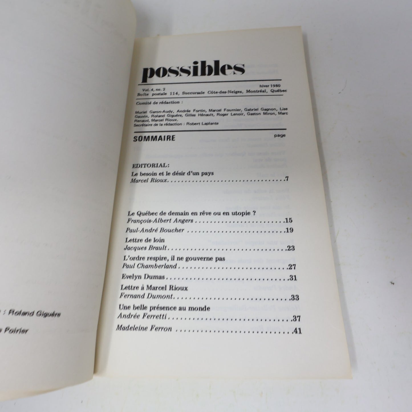 1980 Projets du Pays qui Vient Possibles Vol. 4 #2 Francoeur/Giguère/Julien 80s
