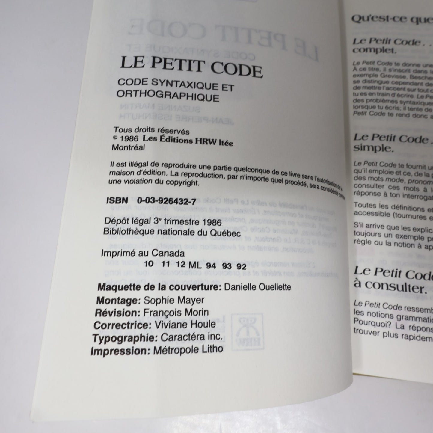 Le Petit Code Syntaxique et Orthographique Martin/Issenhuth 1986 HC Français 80s
