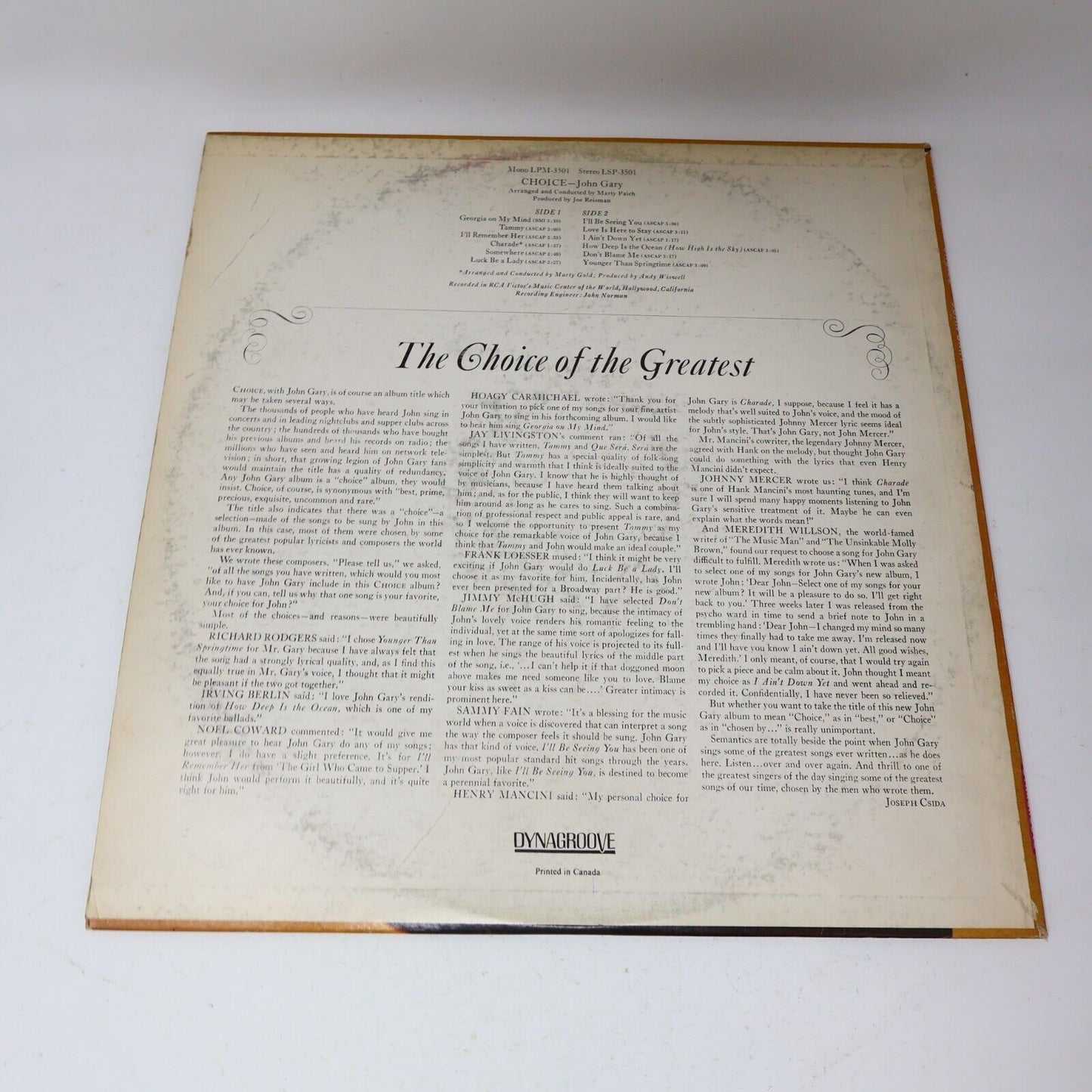 John Gary Choice LP Record Vinyl RCA Victor LSP-3501 Canada I'll Be Seeing You