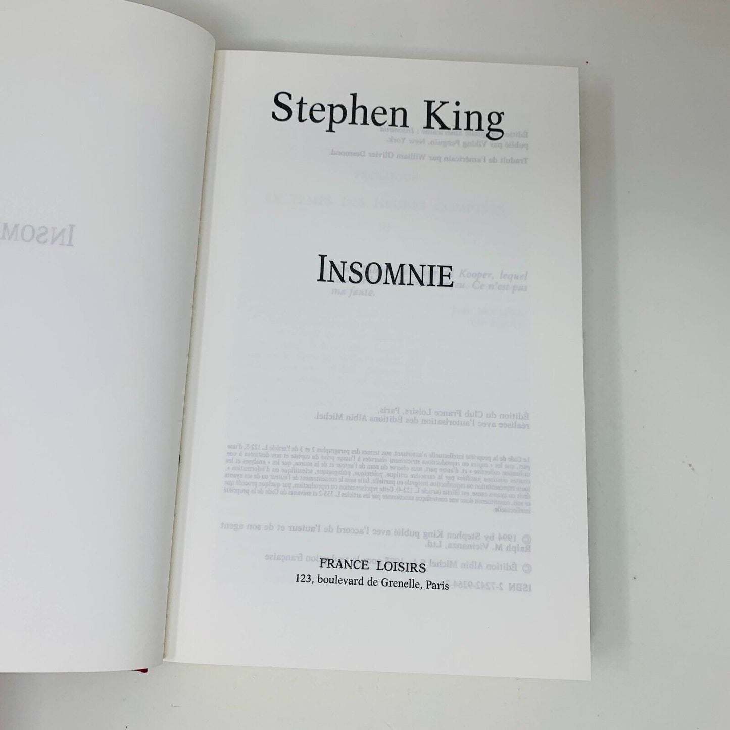 1996 Insomnie Stephen King France Loisirs Hardcover DJ Français French Insomnia
