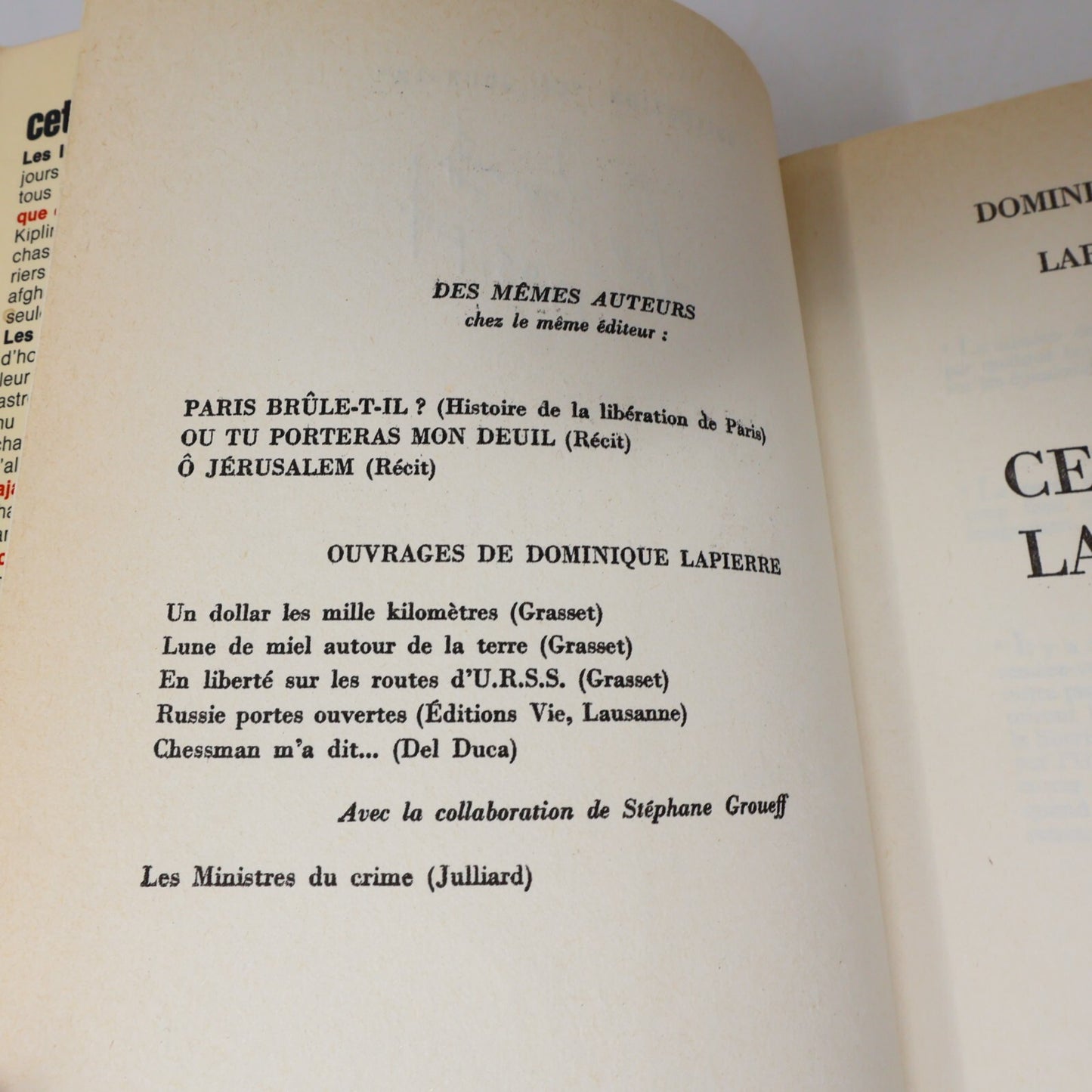 Dominique Lapierre/Larry Collins Lot 2 Livres Ô Jérusalem/Cette Nuit la Liberté