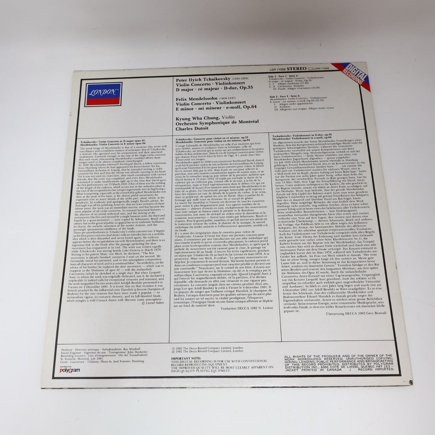 Kyung Wha Chung Violin Concertos Tchaikovsky/Mendelsson Record Vinyl LDR 71058