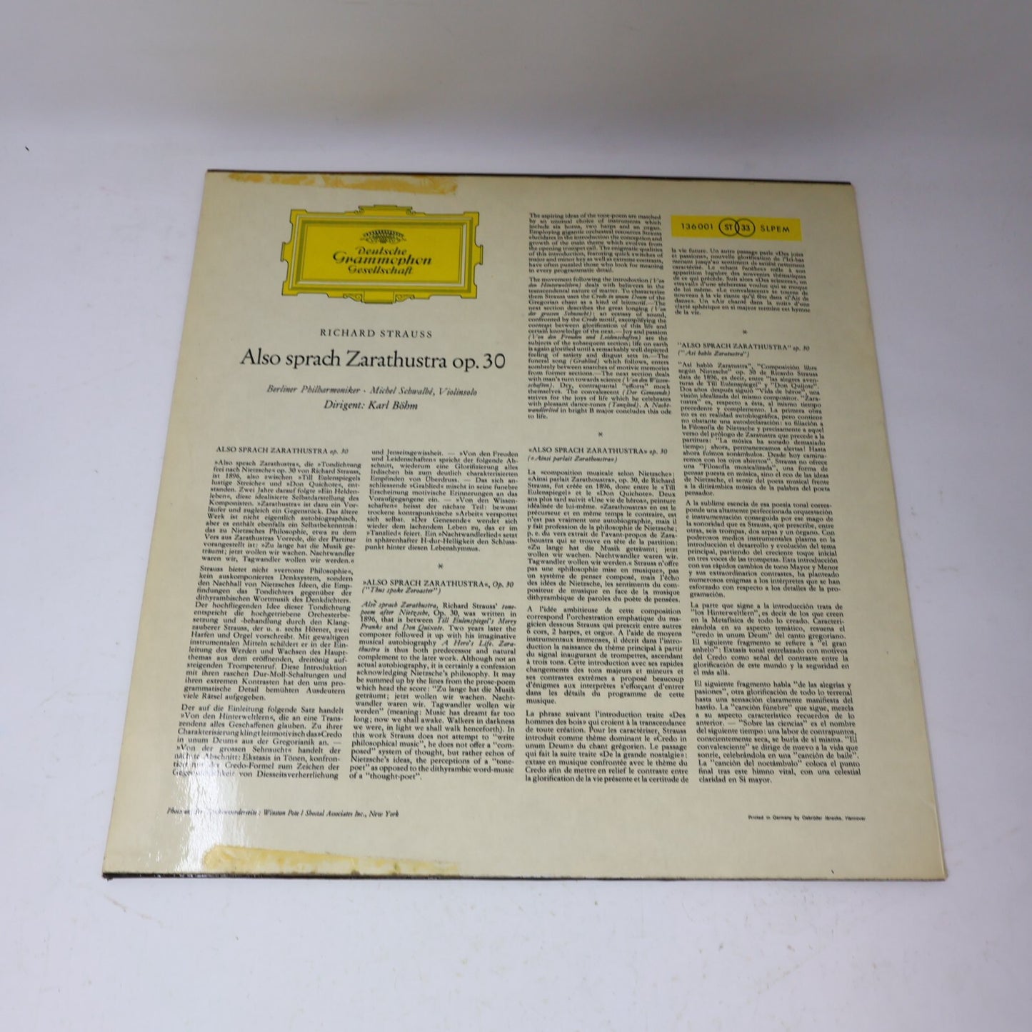 R. Strauss Karl Böhm Also Sprach Zarathustra Op. 30 Berliner LP Record 136 001