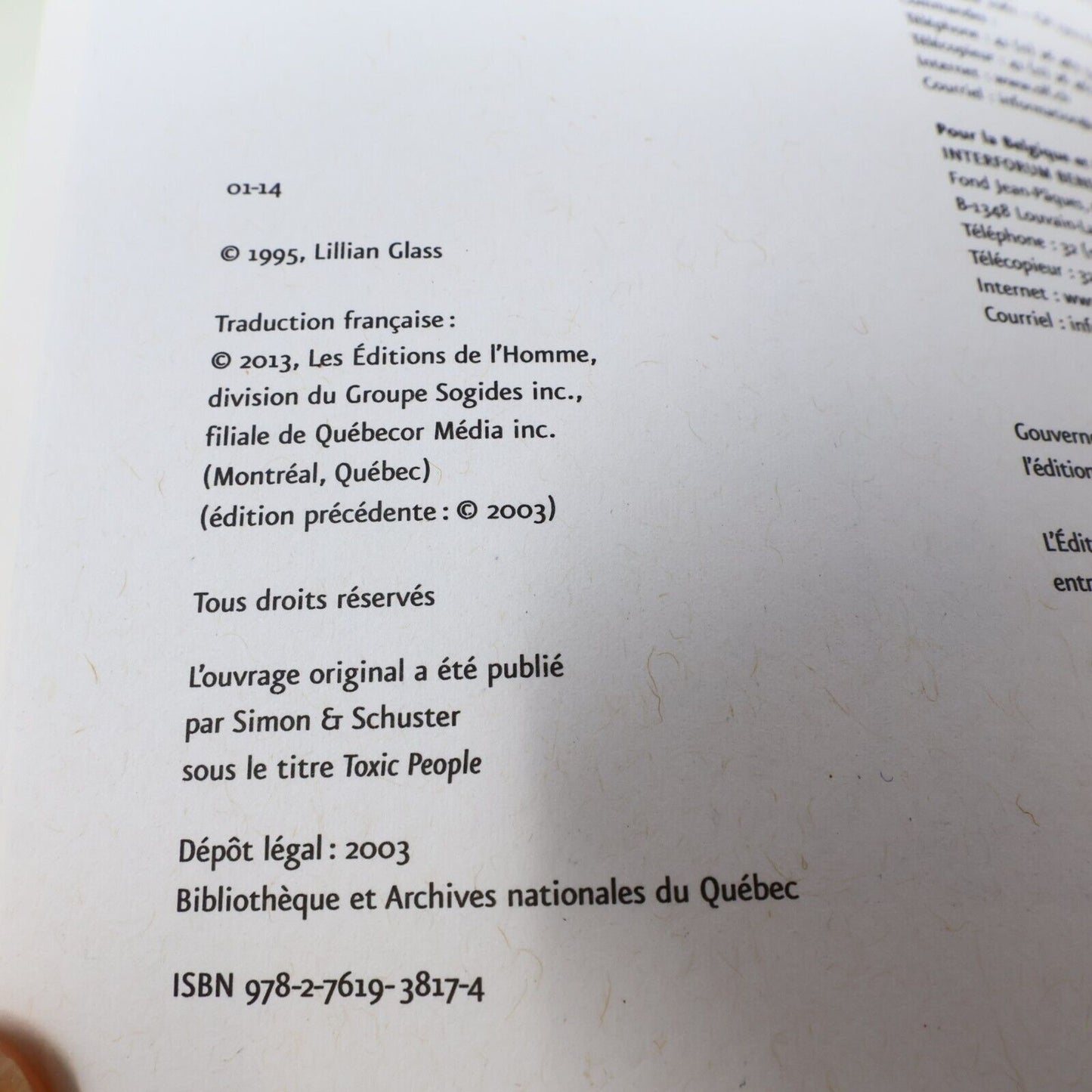 2013 Ces Gens qui Vous Empoisonnent l'Existence Lillian Glass De L'homme Livre