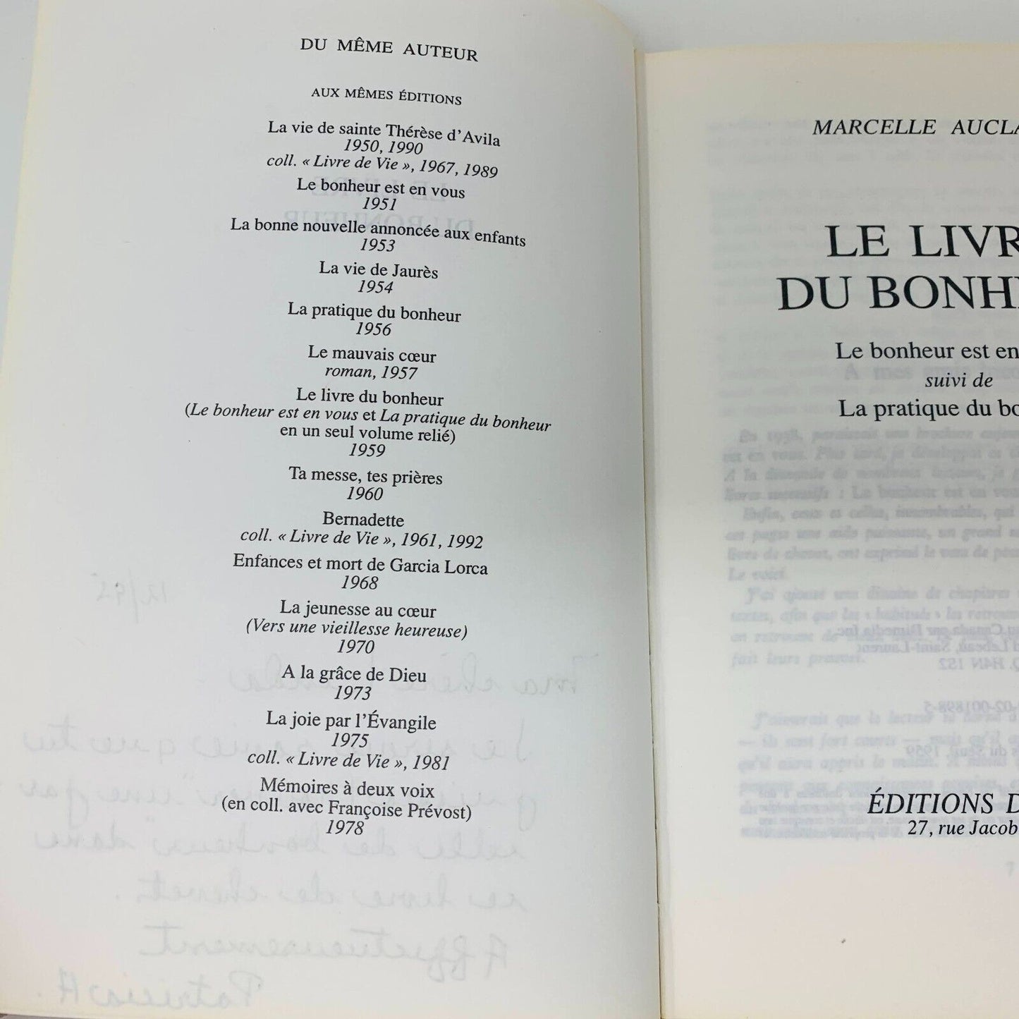 Le Livre du Bonheur Marcelle Auclair Éditions du Seuil Français Hardcover 80s
