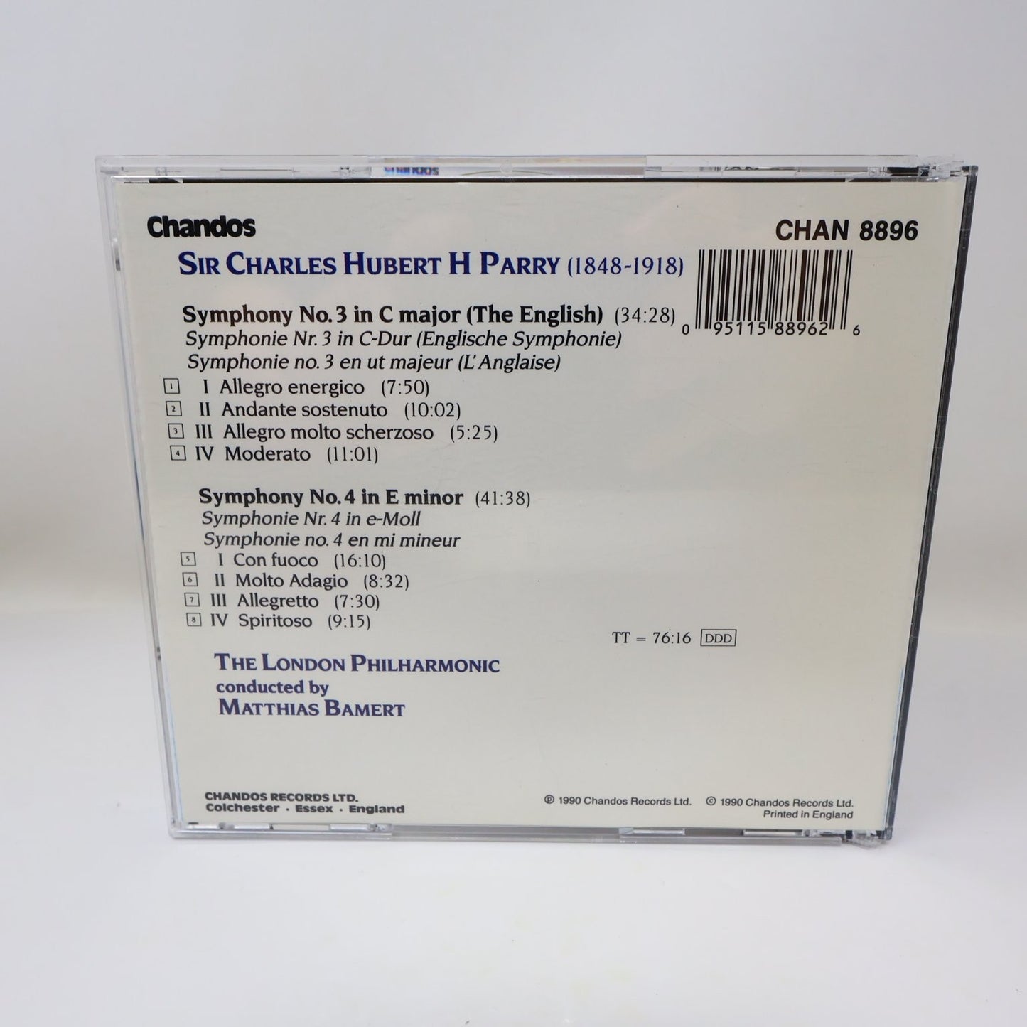 Parry Symphonies 3 & 4 CD 1990 Matthias Bamert Classical Chandos