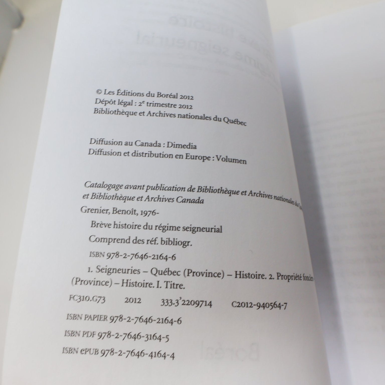 Brève histoire du régime seigneurial Benoît Grenier 2012 Boréal Colonisation