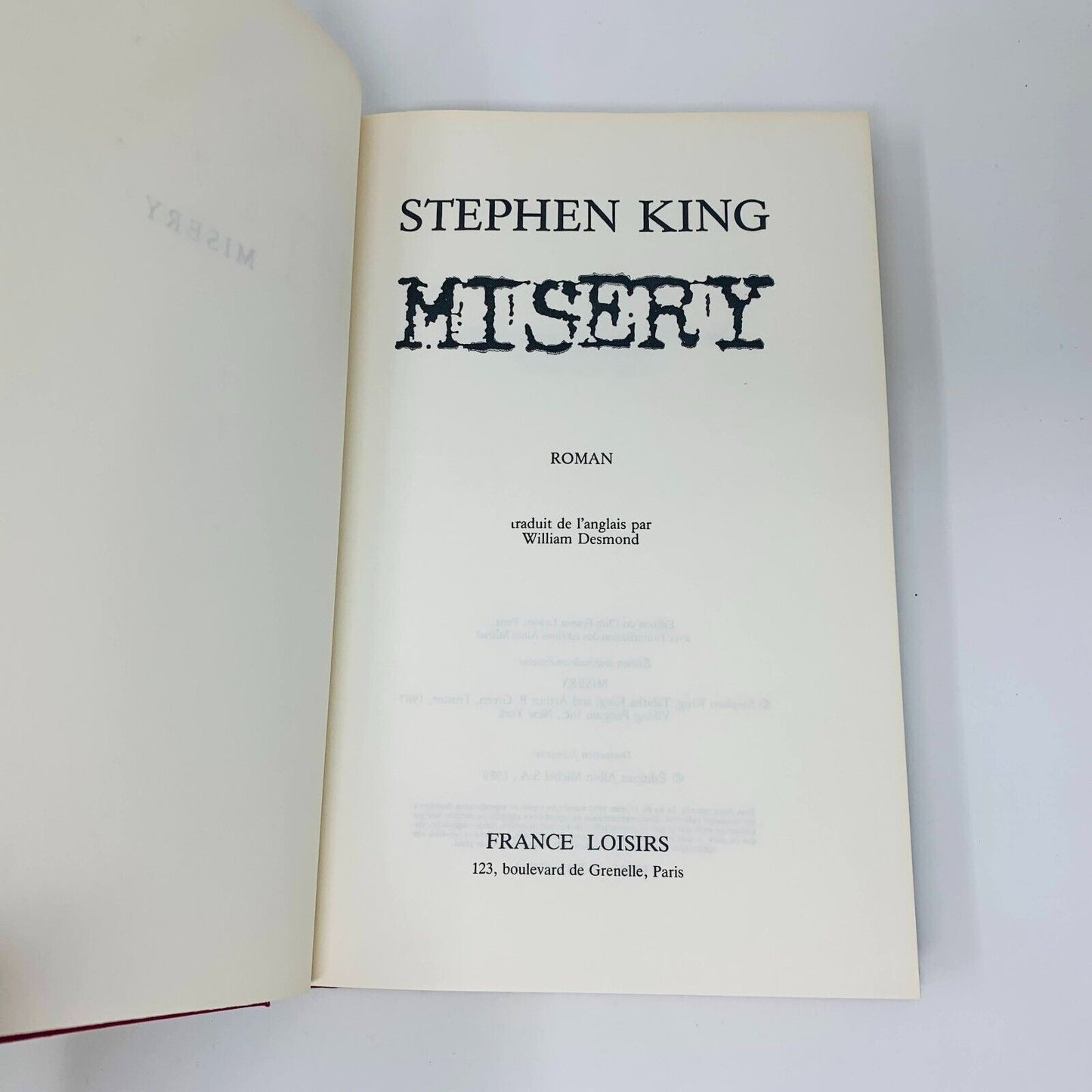 1990 Misery Stephen King Club France Loisirs Français/French Hardcover DJ BCE