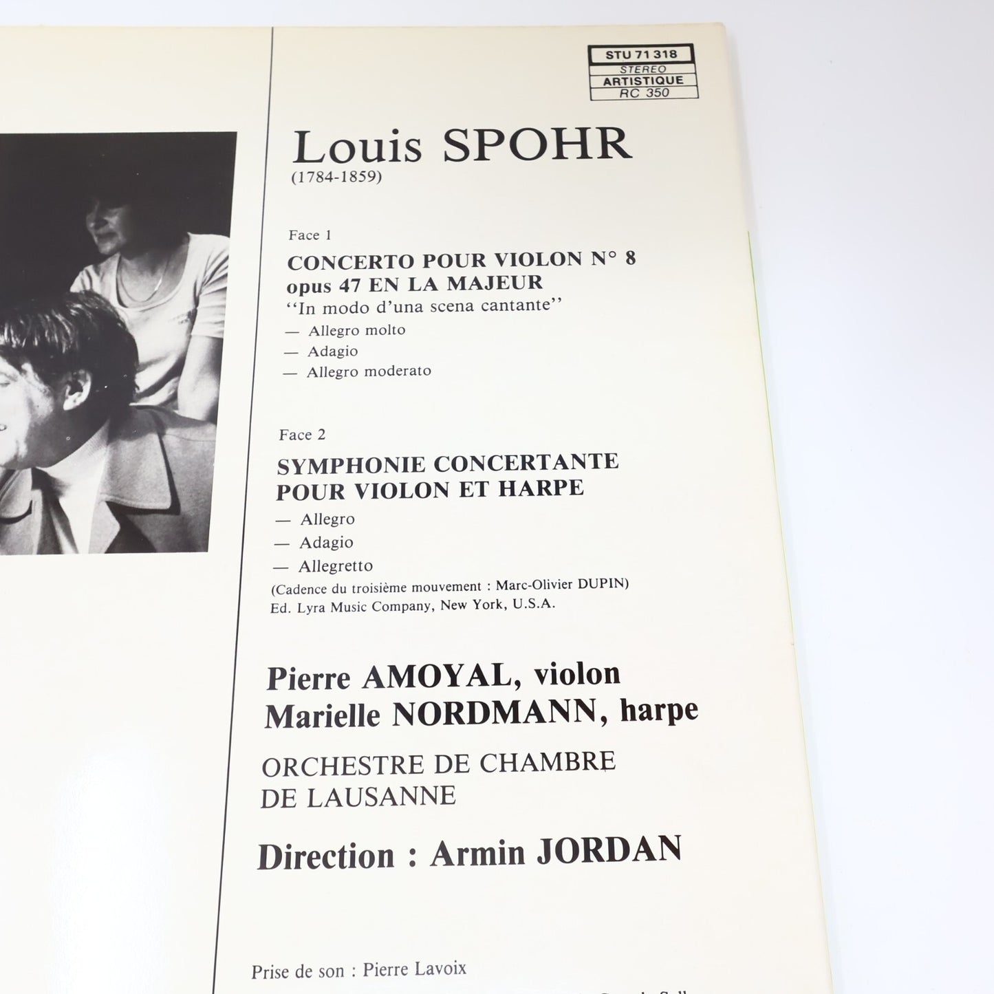 Spohr Pierre Amoyal Marielle Nordmann Concerto Violon Harpe #8 Record STU 71318