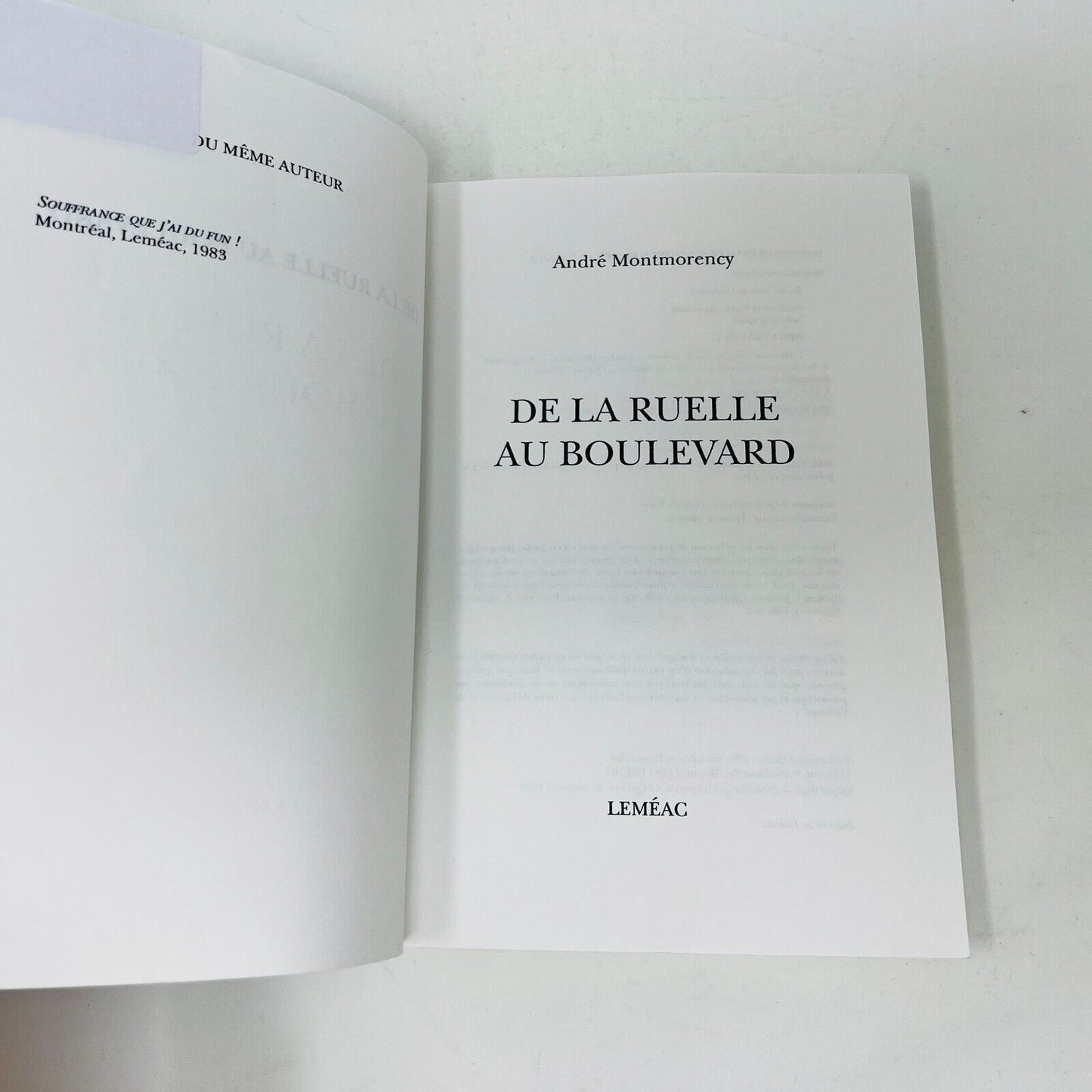 1992 De la Ruelle au Boulevard de André Montmorency Français Livre Leméac PB 90s