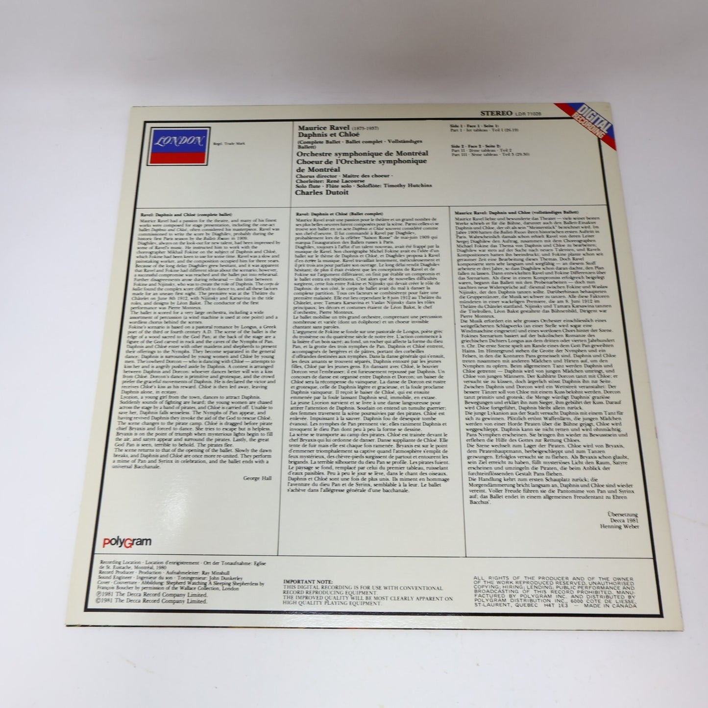 Daphnis Et Chloé Ravel Choeur & OSM Charles Dutoit LP Record Vinyl LDR 71028