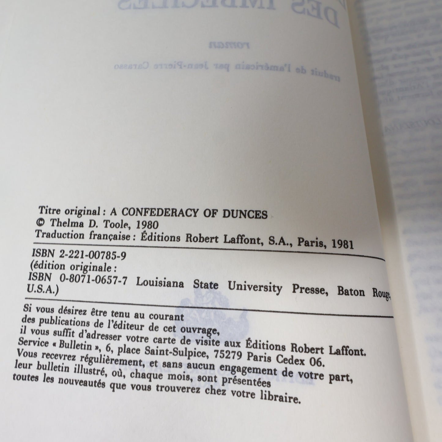 1981 La Conjuration des Imbéciles John Kennedy Toole Robert Laffont Roman Livre