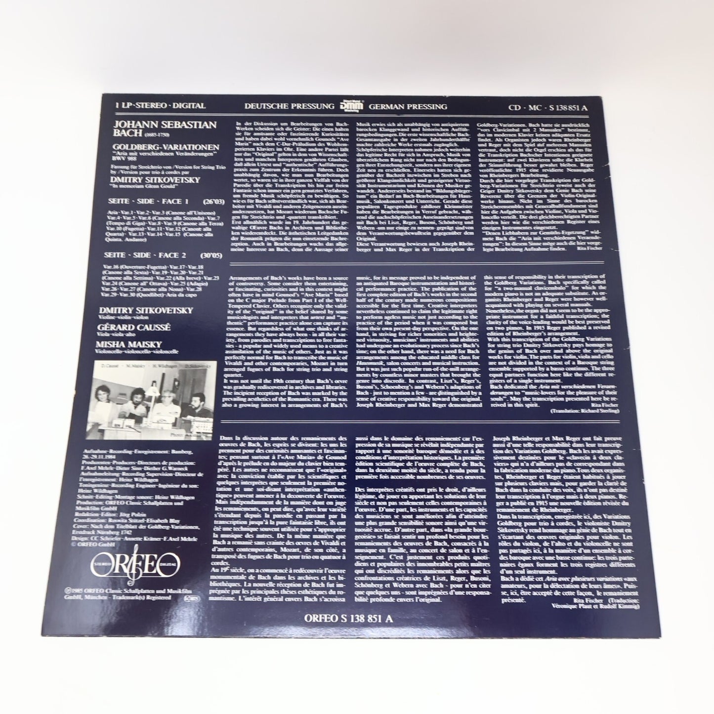 Bach Goldberg Variationen Sitkovetsky/Caussé/Maisky Orfeo Record Vinyl S 138 851