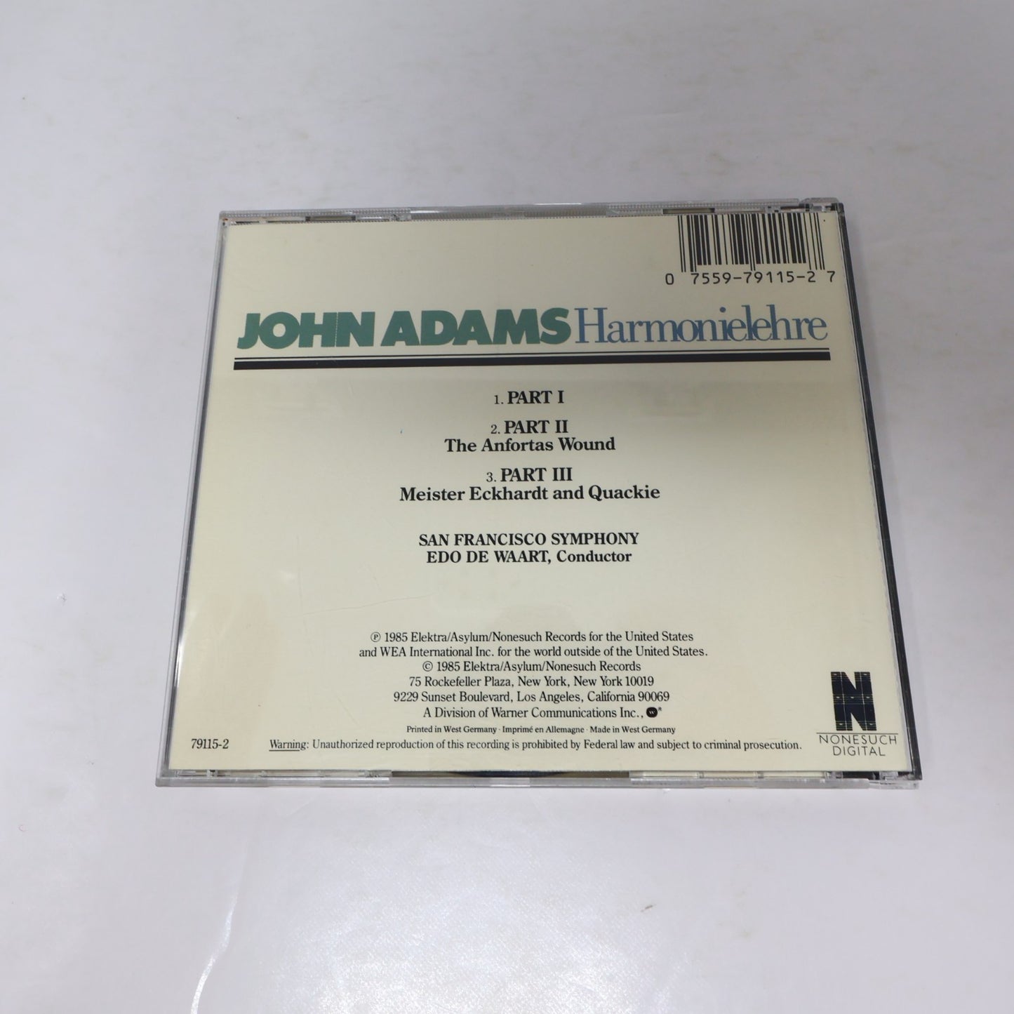 John Adams Harmonielehre CD San Francisco Symphony/Edo De Waart Classical 1985