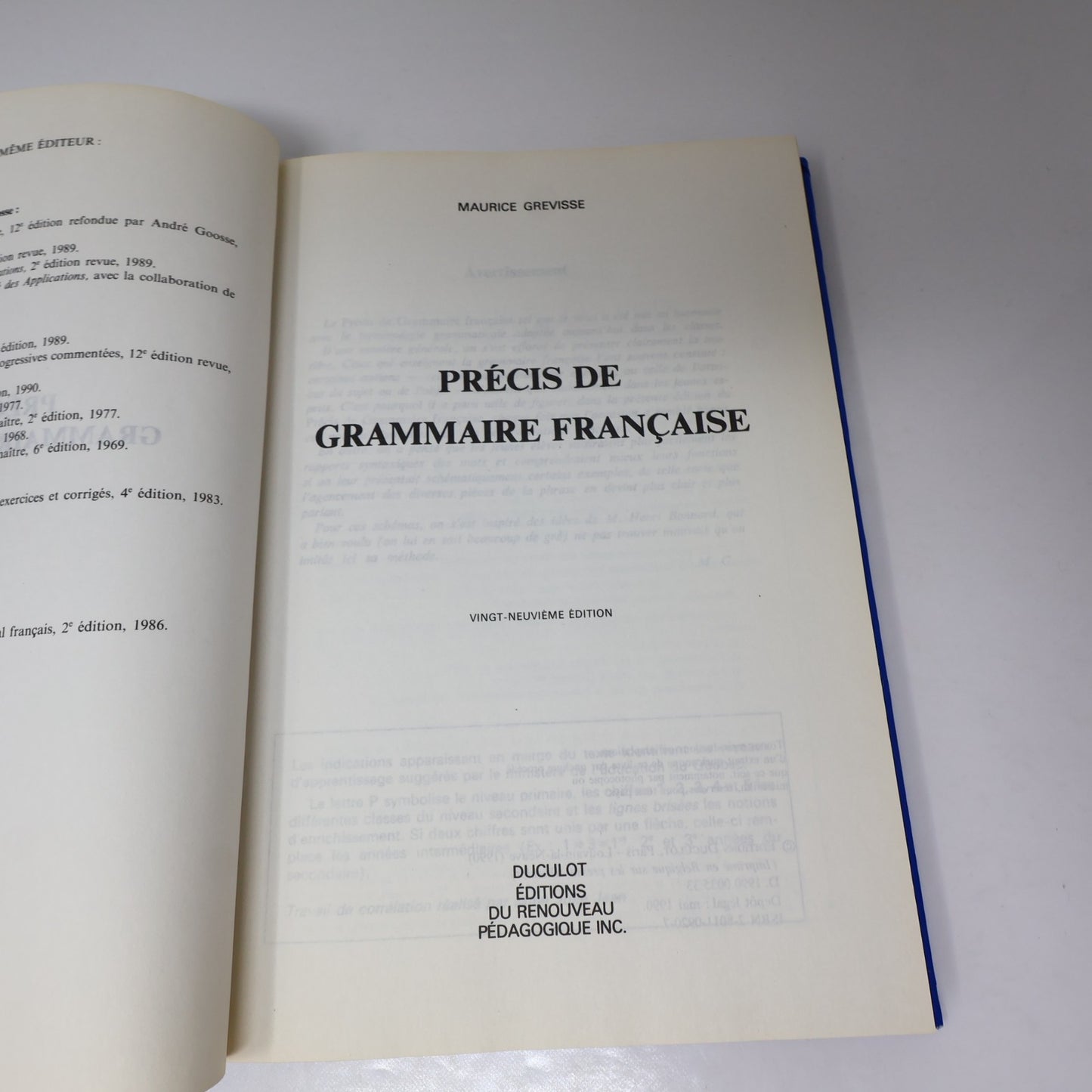 Précis de Grammaire Française Maurice Grevisse Collection Grevisse 1990 HC Livre