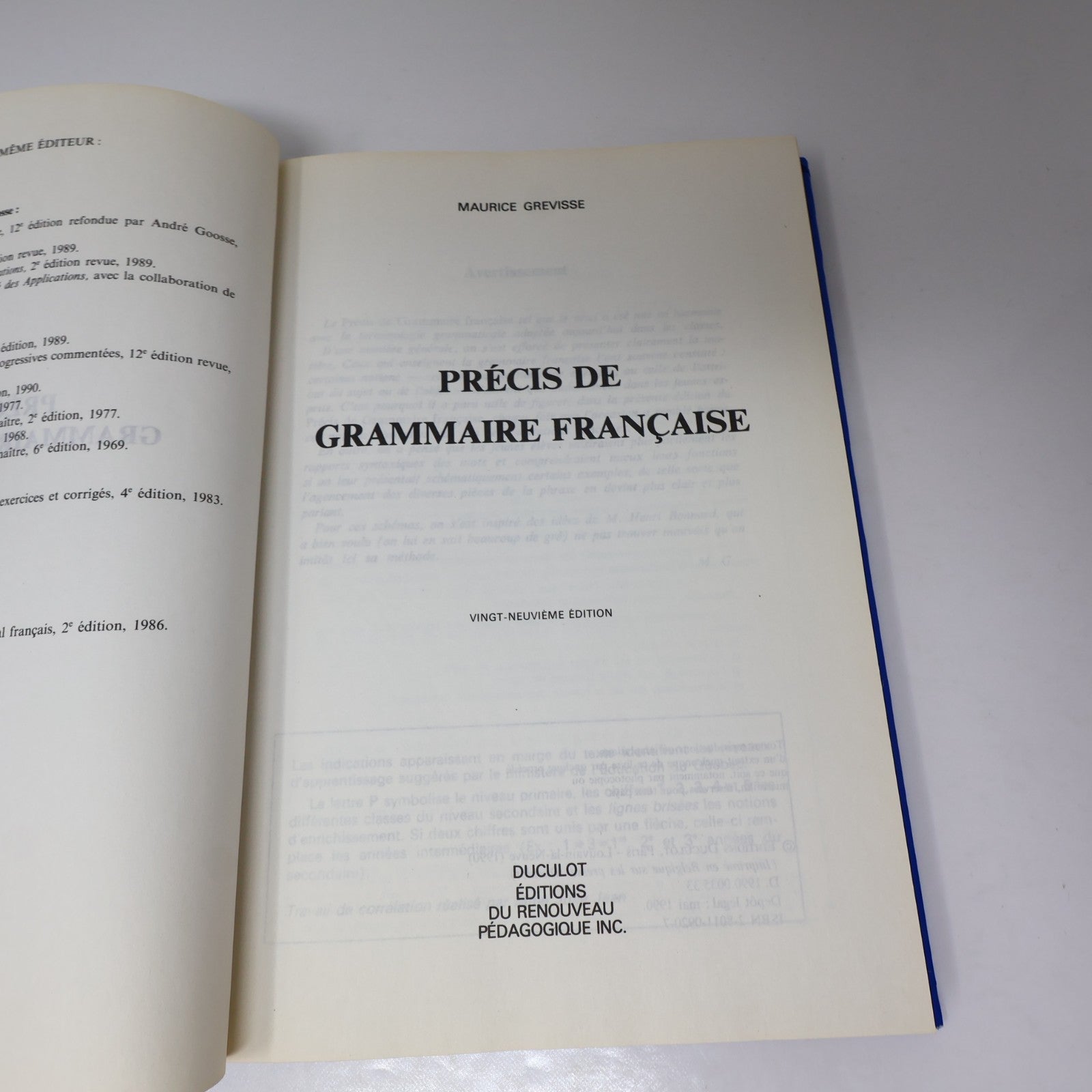 Précis de Grammaire Française Maurice Grevisse Collection Grevisse 1990 HC Livre