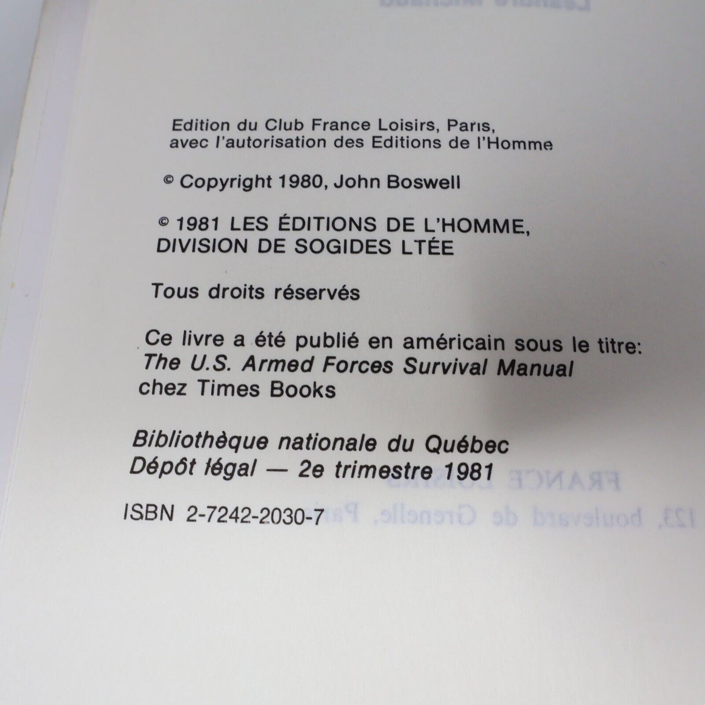 1985 Le Guide de Survie de l'Armée Américaine France Loisirs Survivalisme BCE PB
