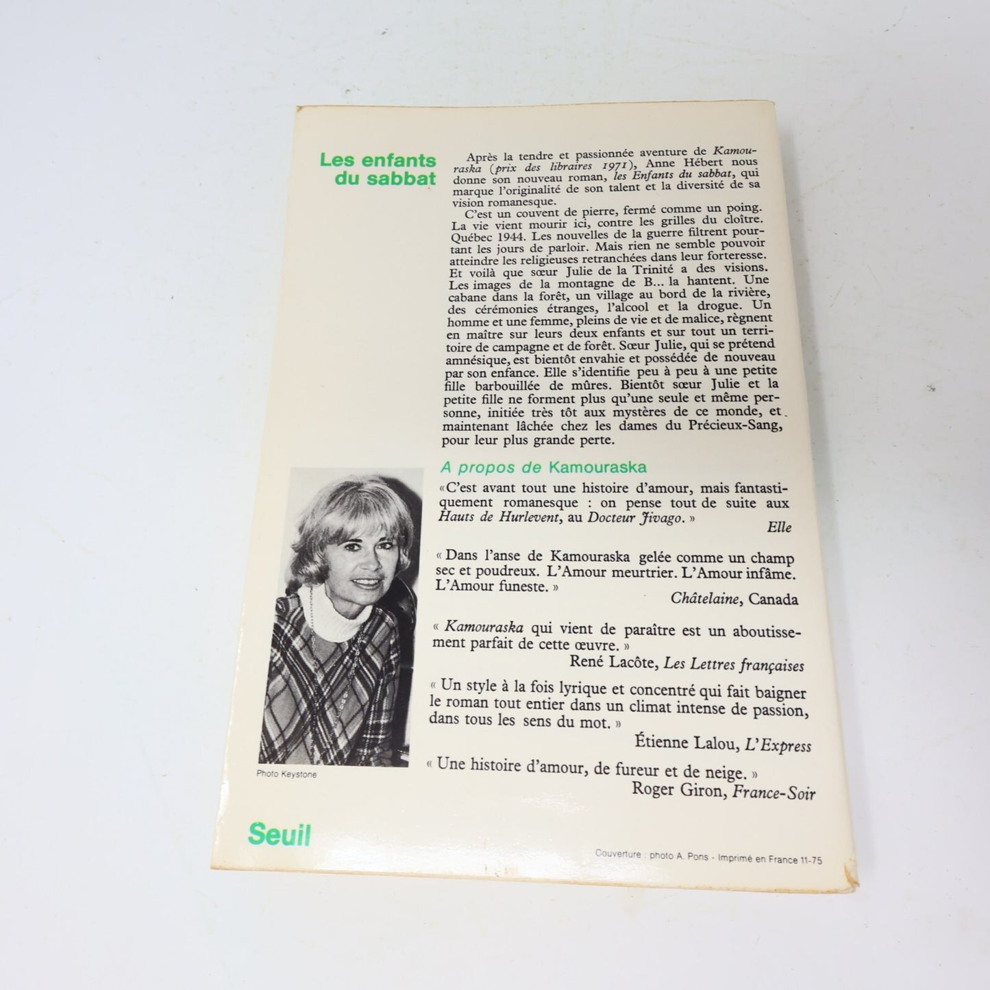 Anne Hébert Lot 2 Livres Kamouraska/Les Enfants du Sabbat Littérature Québécoise