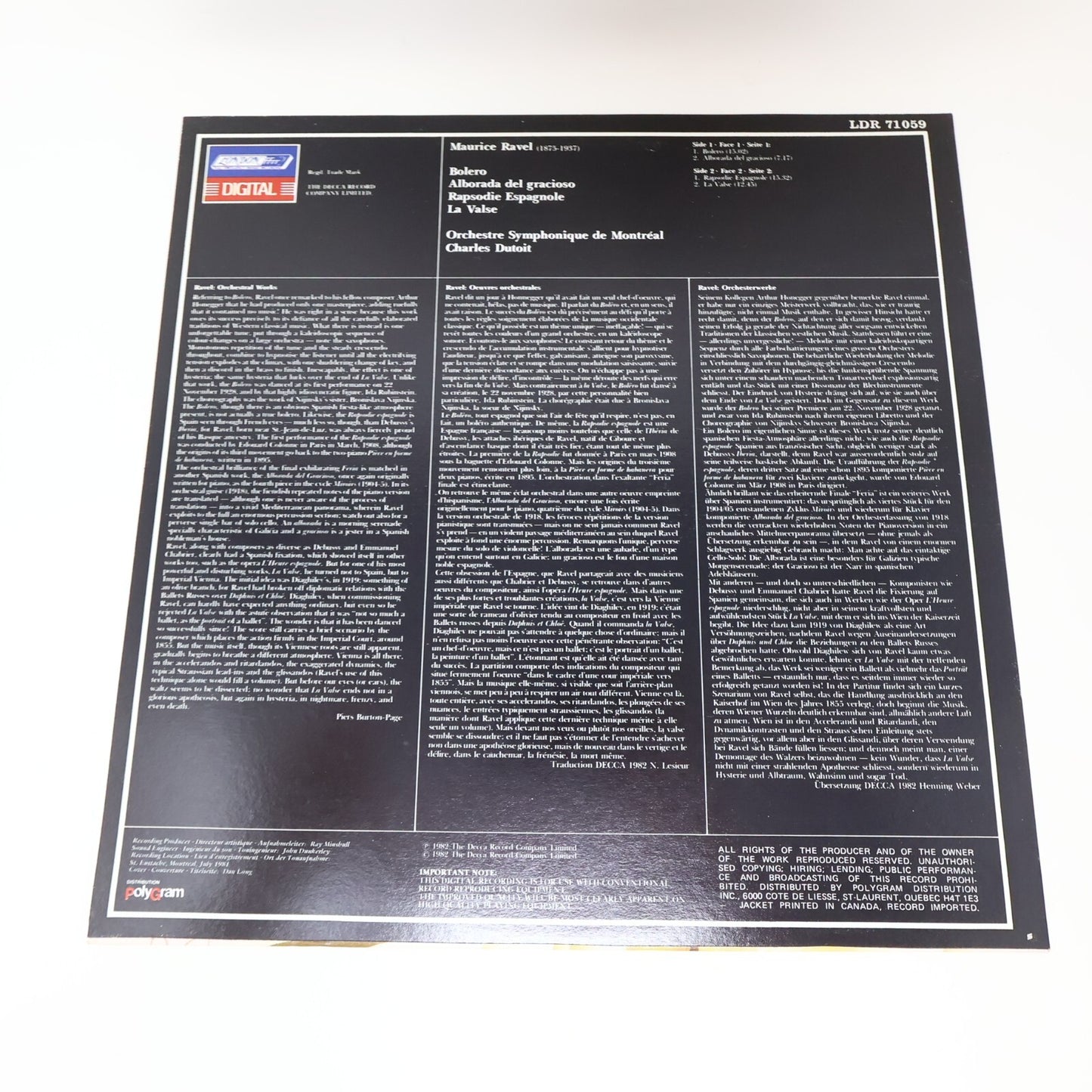 Ravel Bolero/La Valse/Rapsodie Espagnole Charles Dutoit Record Vinyl LDR 71059