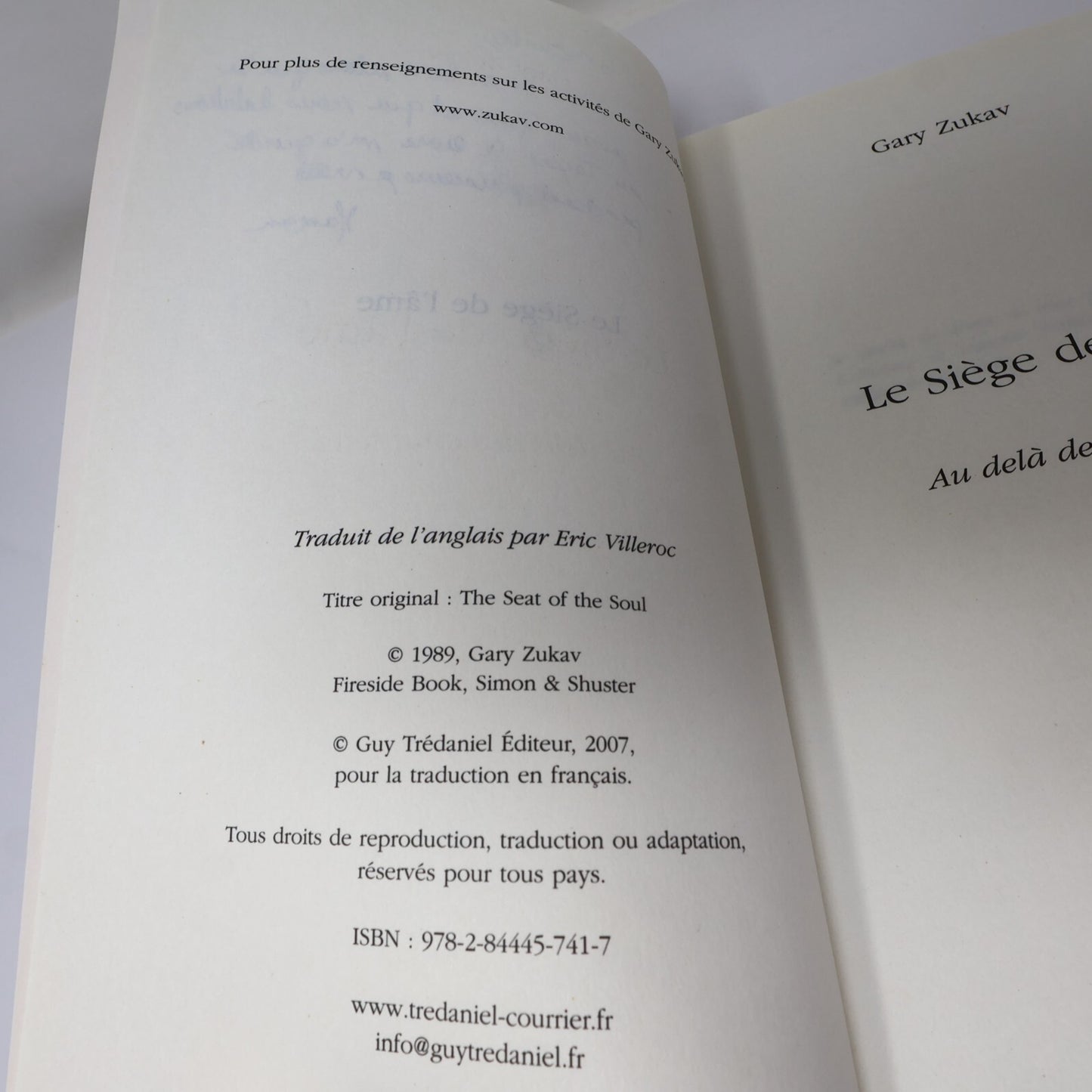Le Siège de l'Âme Au-Delà des Cinq Sens Gary Zukav Tredaniel 2007 PB Français