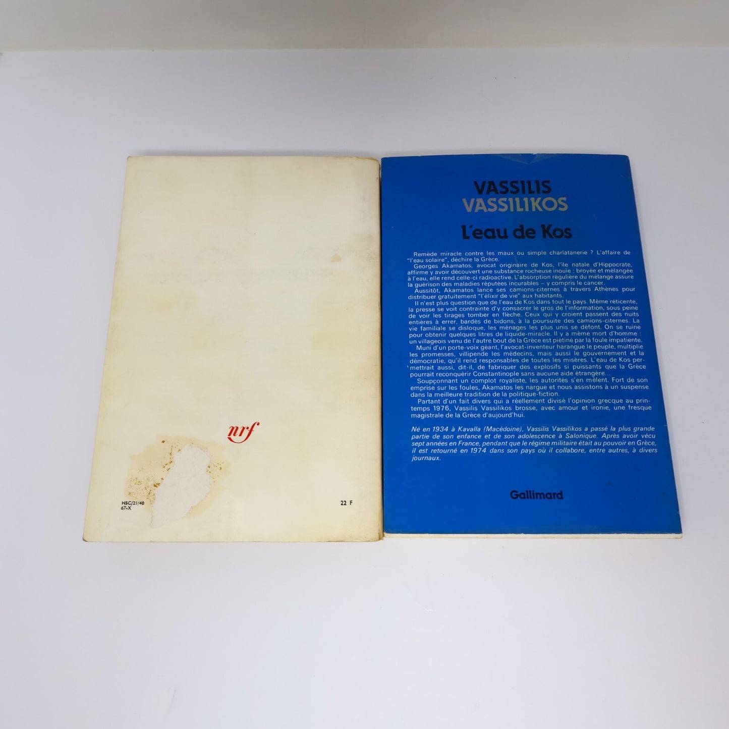 Vassilis Vassilikos Lot 2 Livres Gallimard/Nrf L'Eau de Kos/Z Fiction Historique