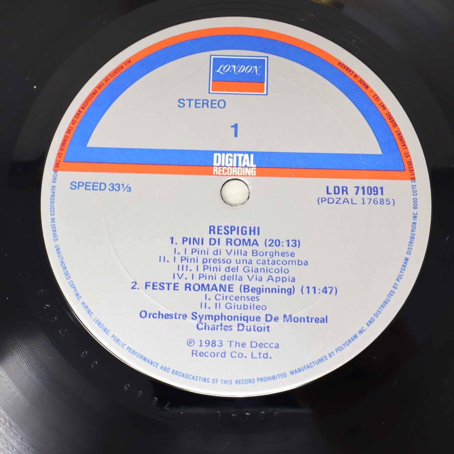 Respighi OSM Charles Dutoit Pines/Fountains of Rome LP Record Vinyl LDR 71091