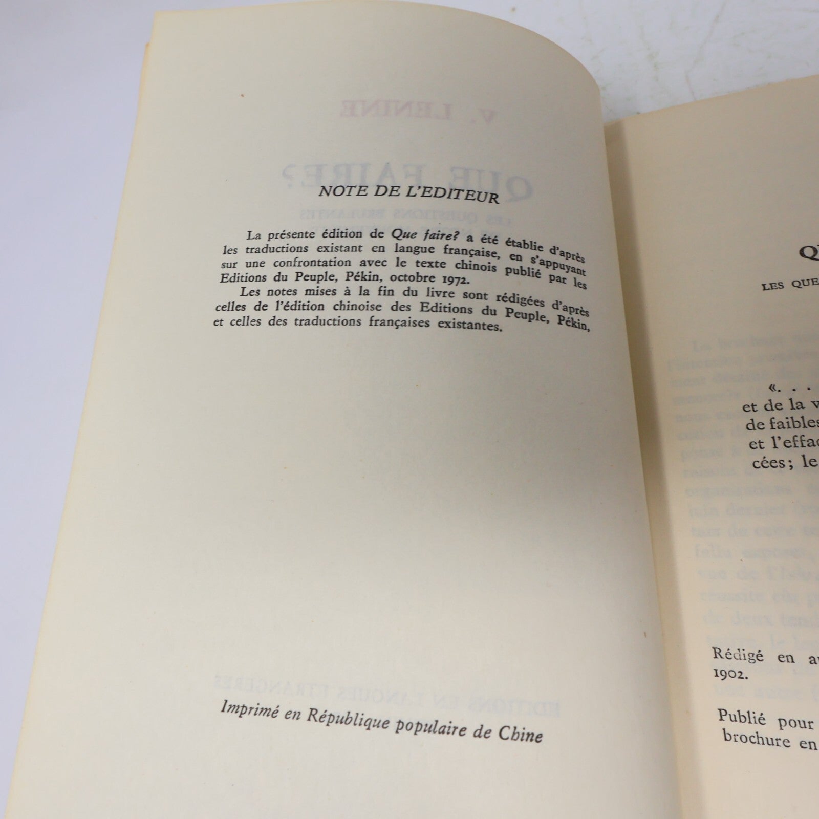 Que Fraire? Vladimir Lenin 1974 Éditions en Langues Étrangères Pékin Français PB