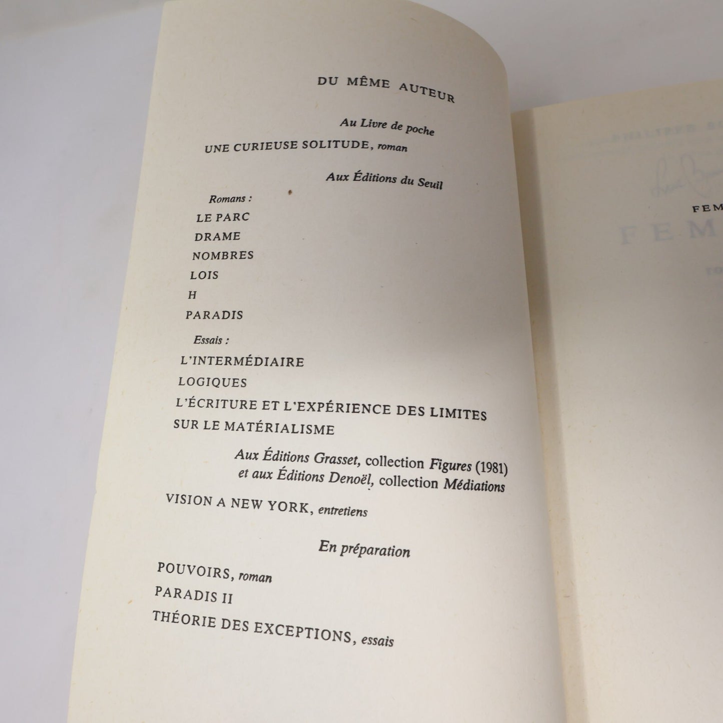 Philippe Sollers Lot 2 Livres Femmes/Le Parc Littérature Française Roman France