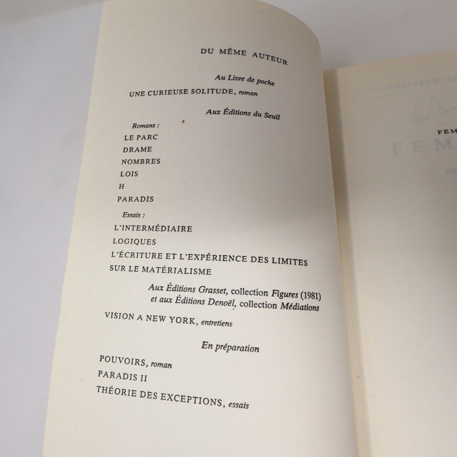 Philippe Sollers Lot 2 Livres Femmes/Le Parc Littérature Française Roman France