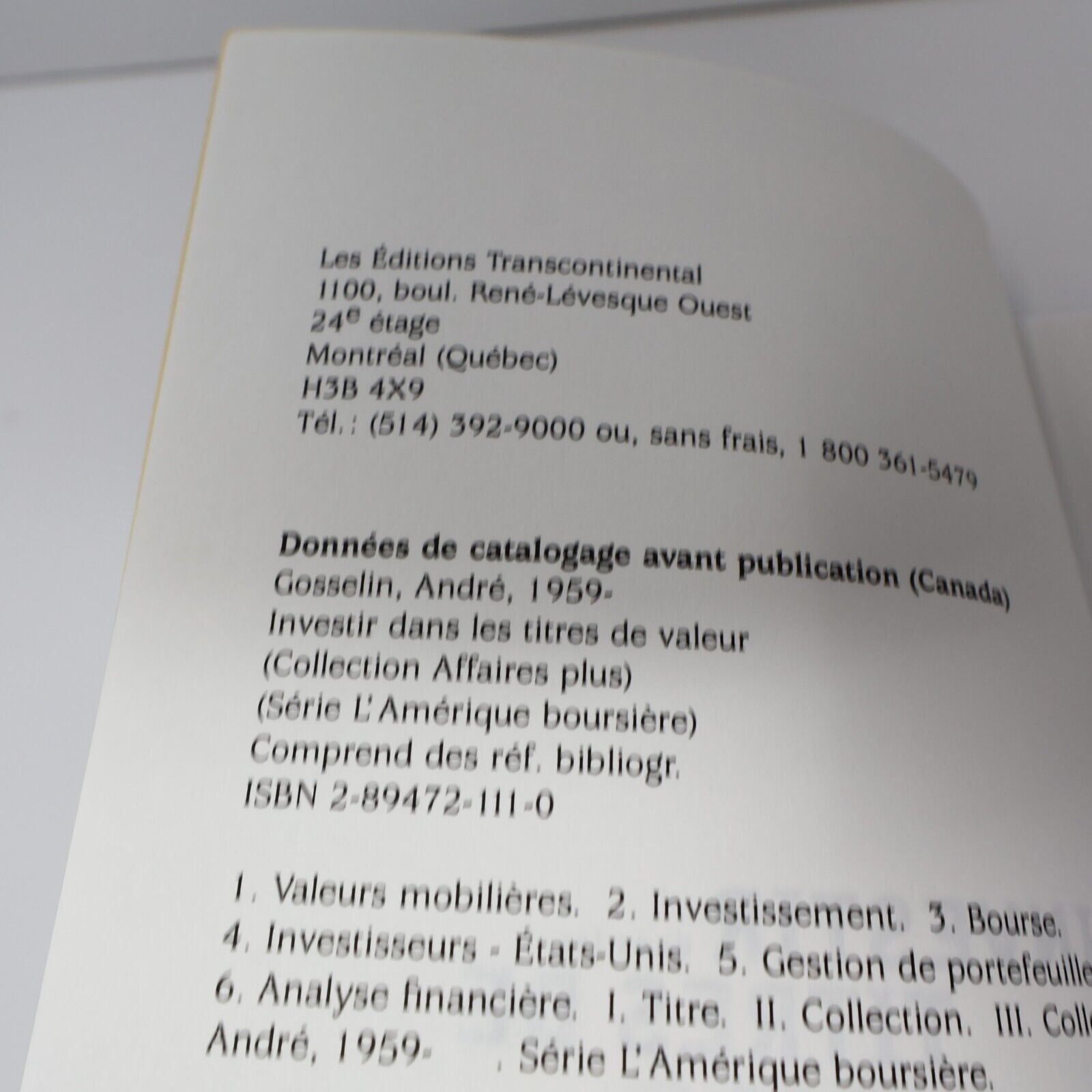 1999 Investir dans les Titres de Valeur L'Amérique Boursière #1 Affaires Plus PB